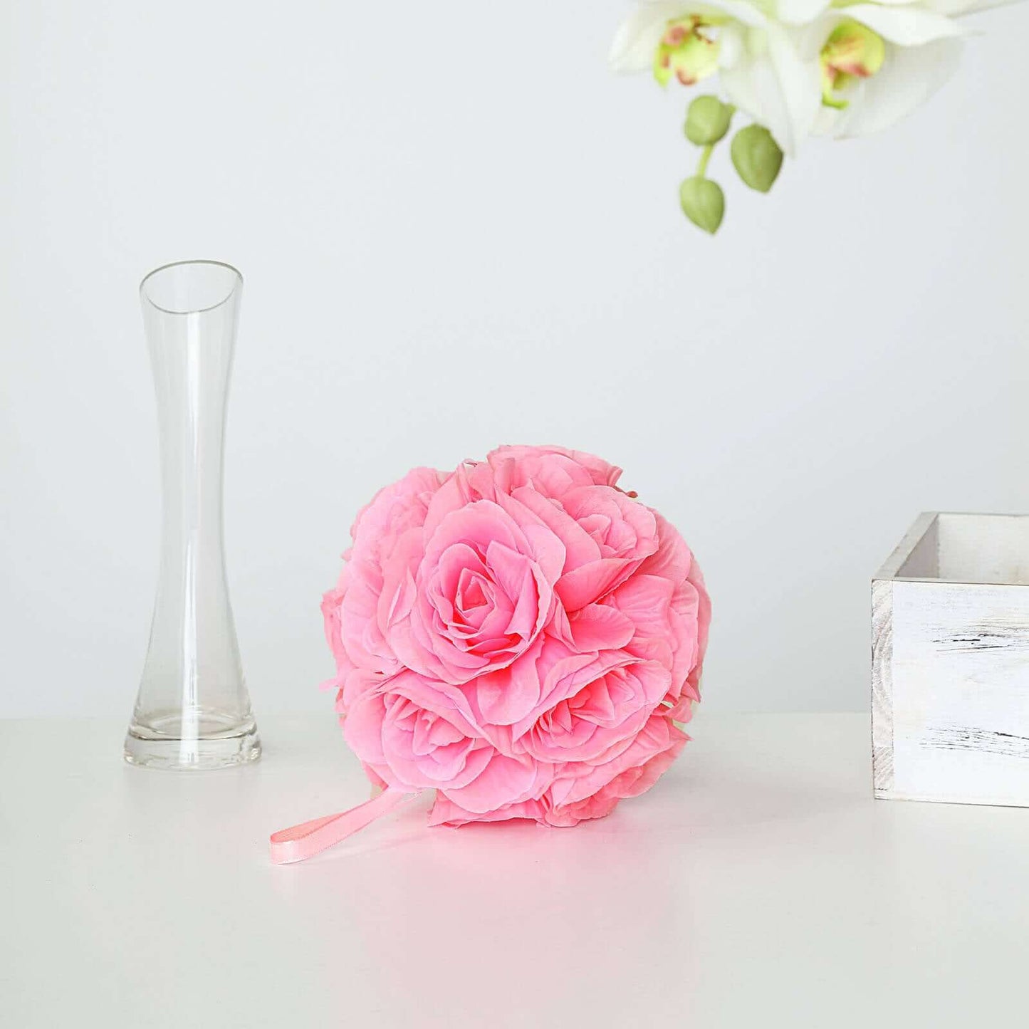 2 Pack 7" Pink Artificial Silk Rose Kissing Ball, Faux Flower Ball