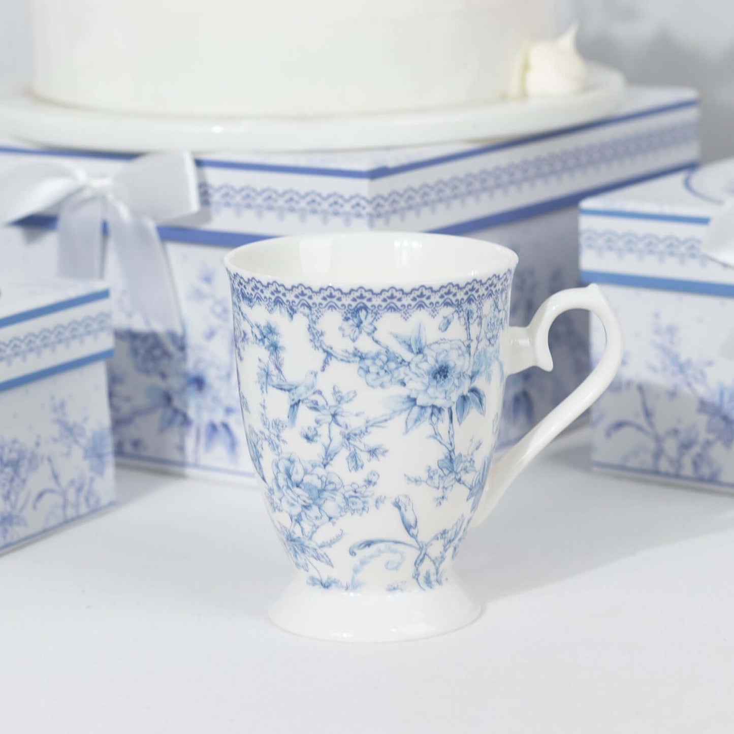 White Blue French Toile Bridal Shower Gift Set, 2 Pack Porcelain Tea Cups With Matching Keepsake Gift Box and Satin Ribbon Handle