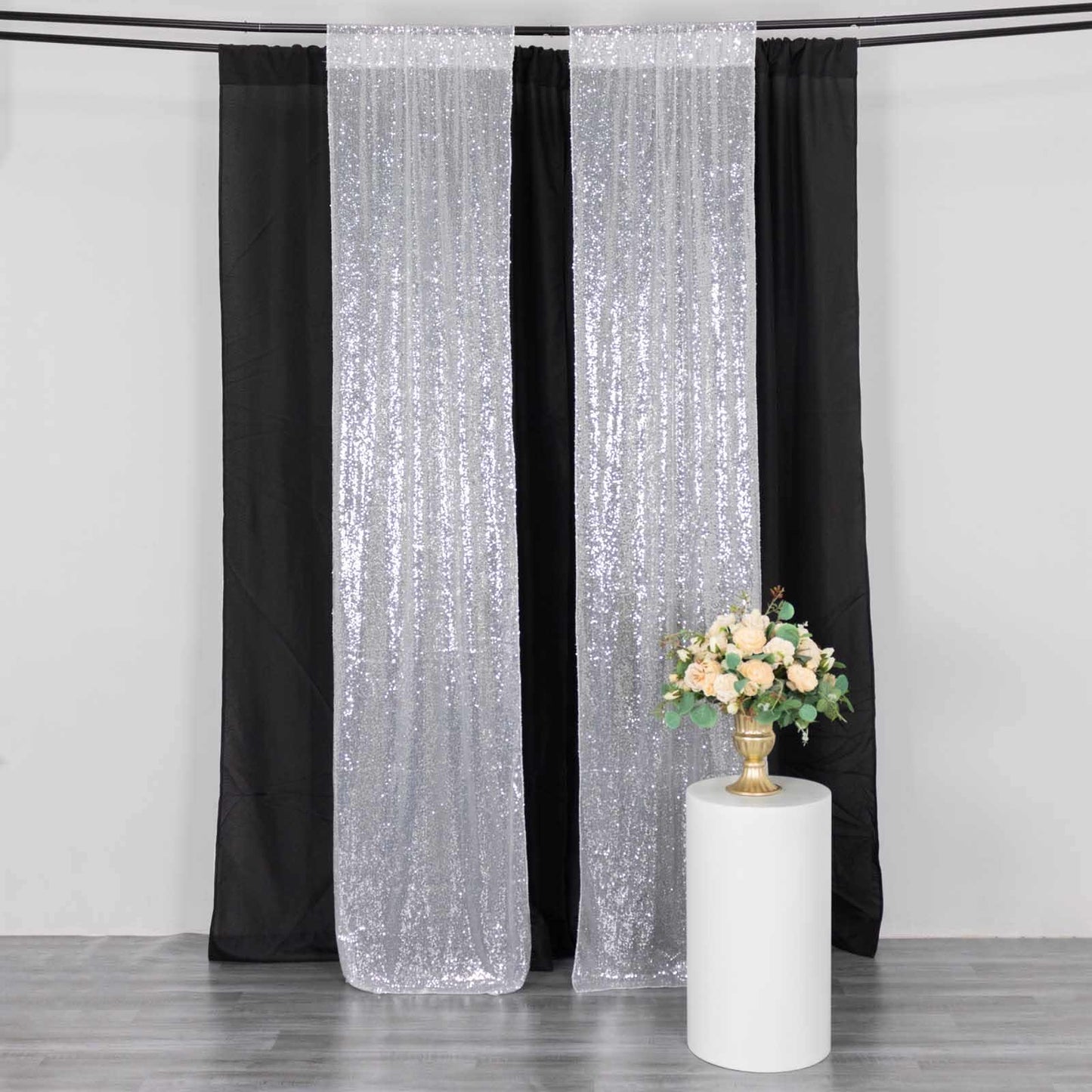 2 Pack Silver Sequin Event Curtain Drapes with Rod Pockets, Seamless Backdrop Event Panels - 8ftx2ft