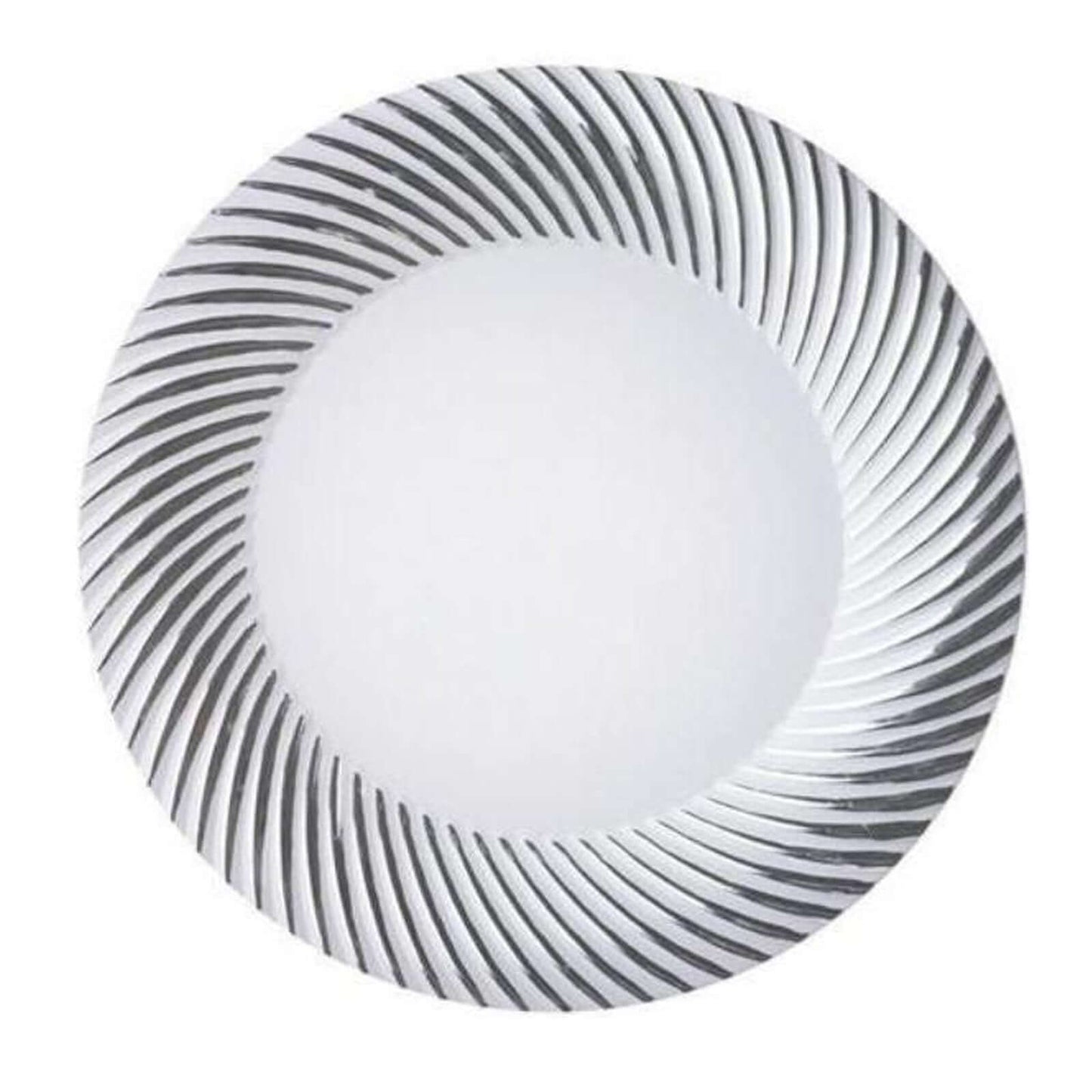 10-Pack Plastic Dessert Plates White/Silver Swirl Rim - Disposable Plates for Appetizers 6"