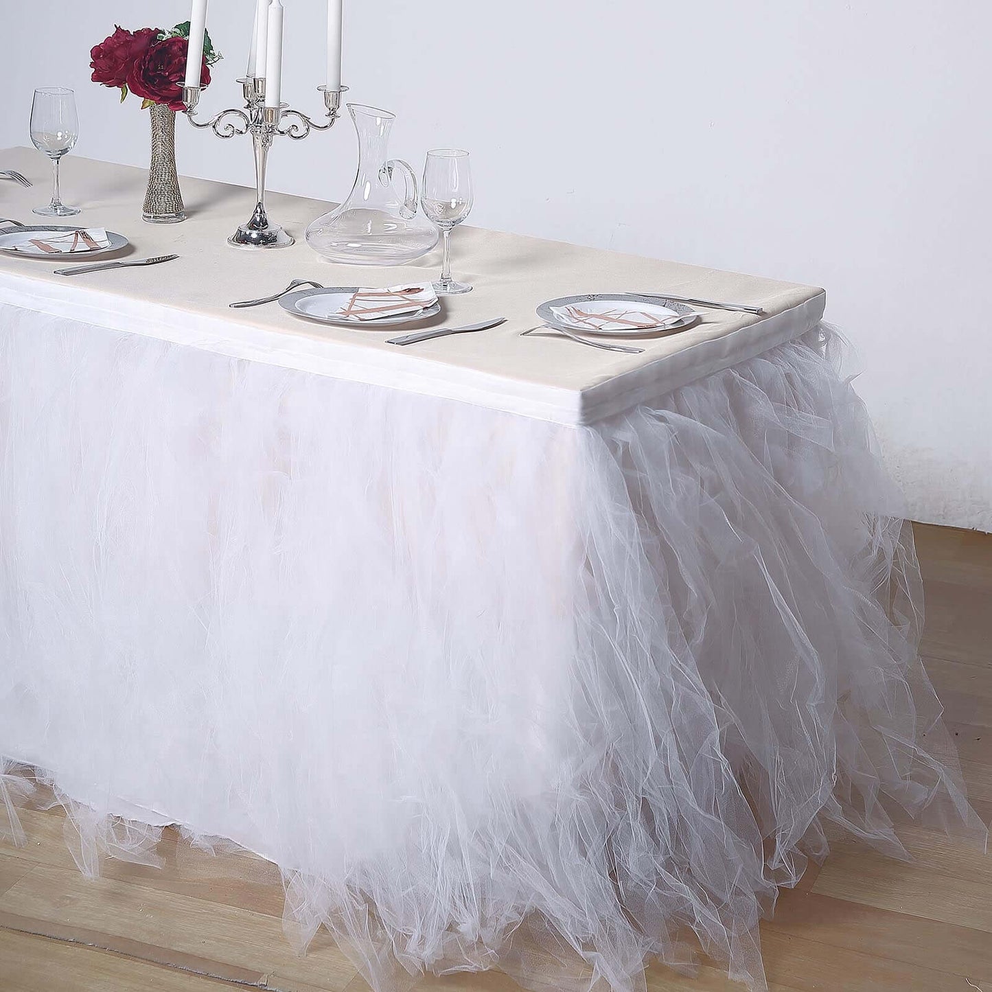Tulle 14ft Table Skirt White - 4 Layer Pleated Tutu Chic & Soft Event Table Cover