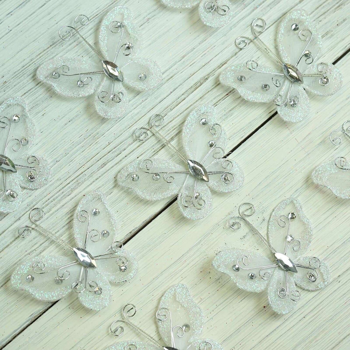12 Pack 2" White Diamond Studded Wired Organza Butterflies