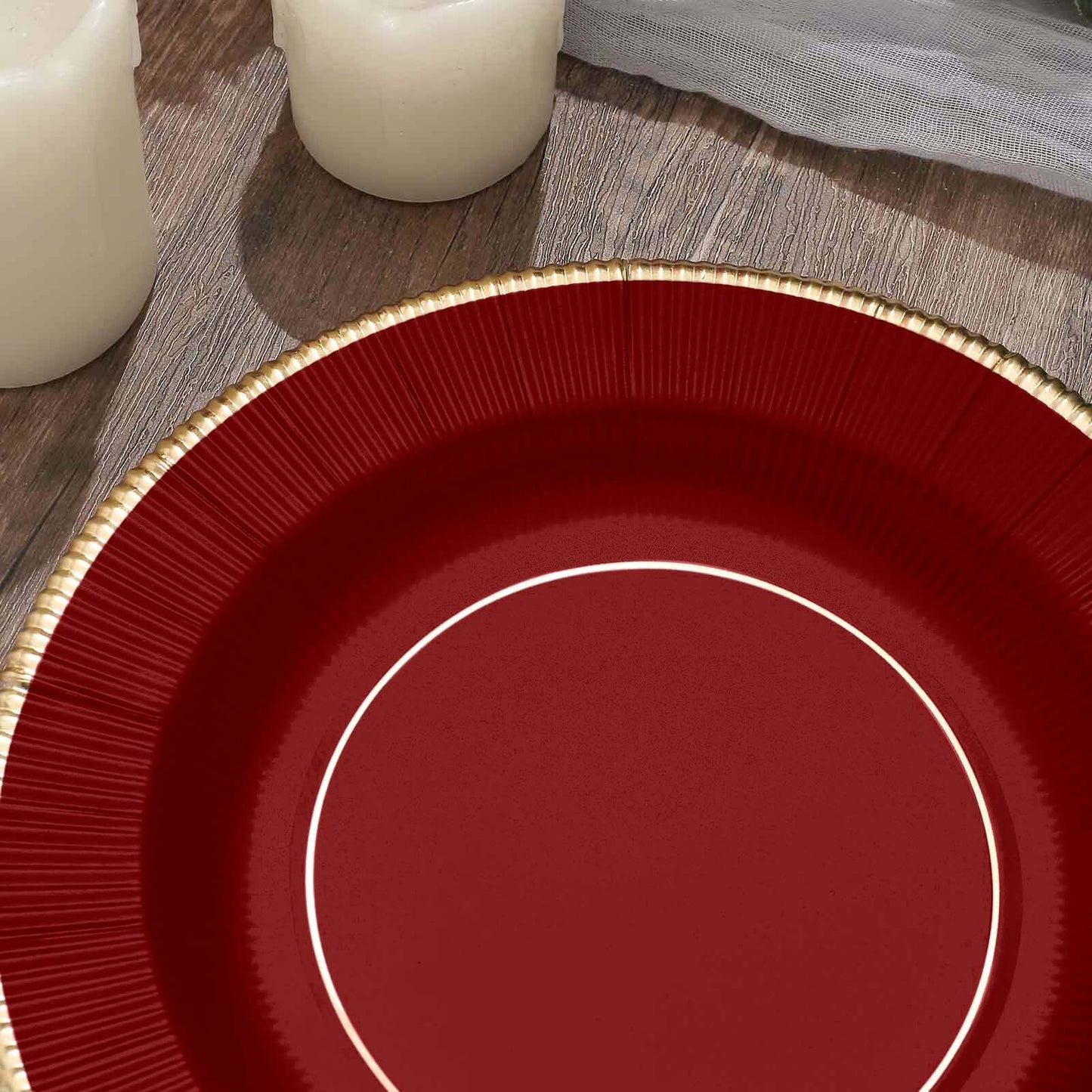 25-Pack Paper 8" Round Dessert Plates in Burgundy Sunray Design with Gold Rim - Disposable Heavy Duty 350GSM Appetizer Salad Plates