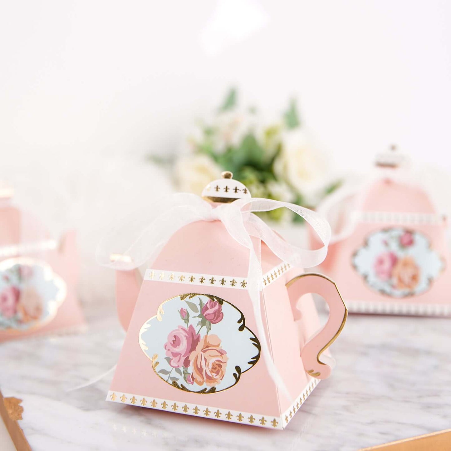 25 Pack 4" Dusty Rose Mini Teapot Favor Boxes, Vintage Rose Gift Boxes with Ribbons
