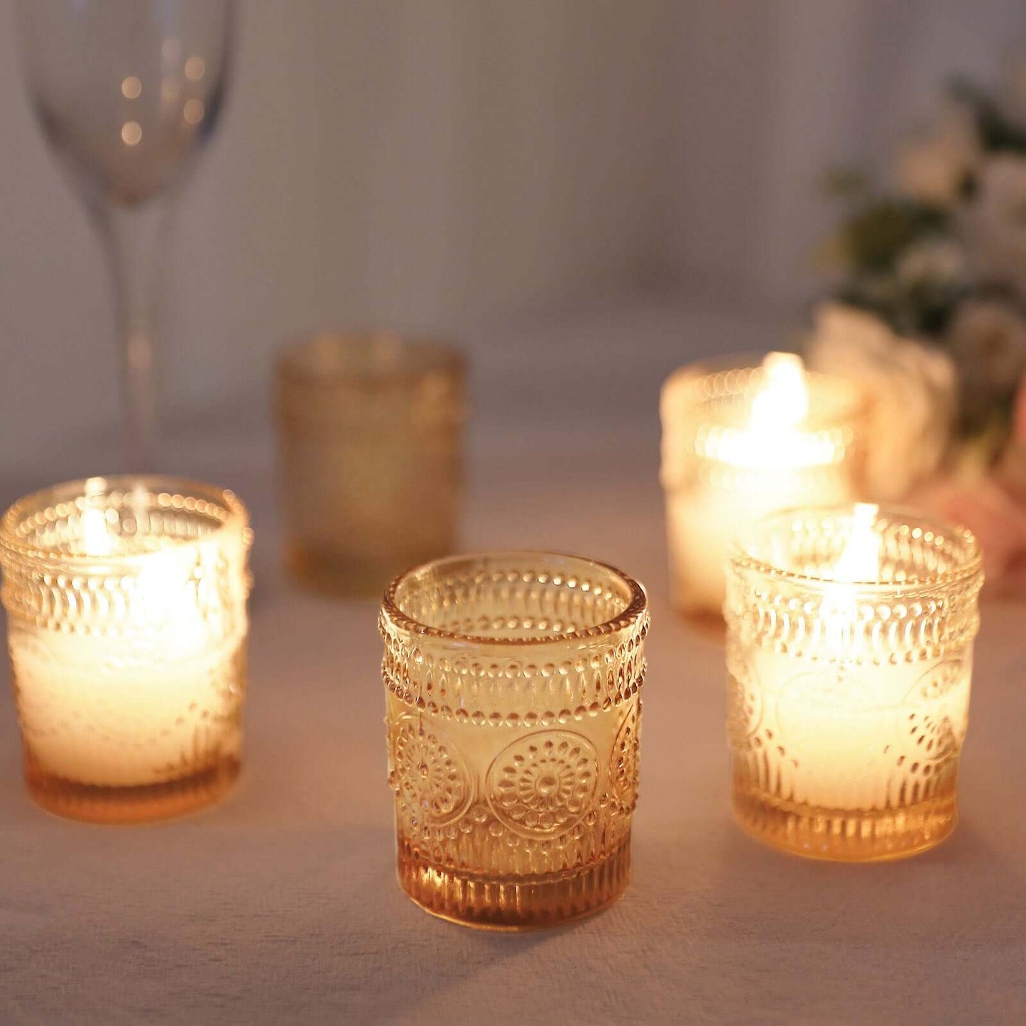6-Pack Amber Gold Glass Votive Tealight Holders - Stylish Primrose Design for Weddings & DÃ©cor