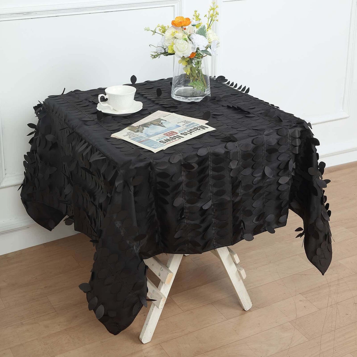 Taffeta 54"x54" Square Tablecloth Black 3D Leaf Petal Table Cover