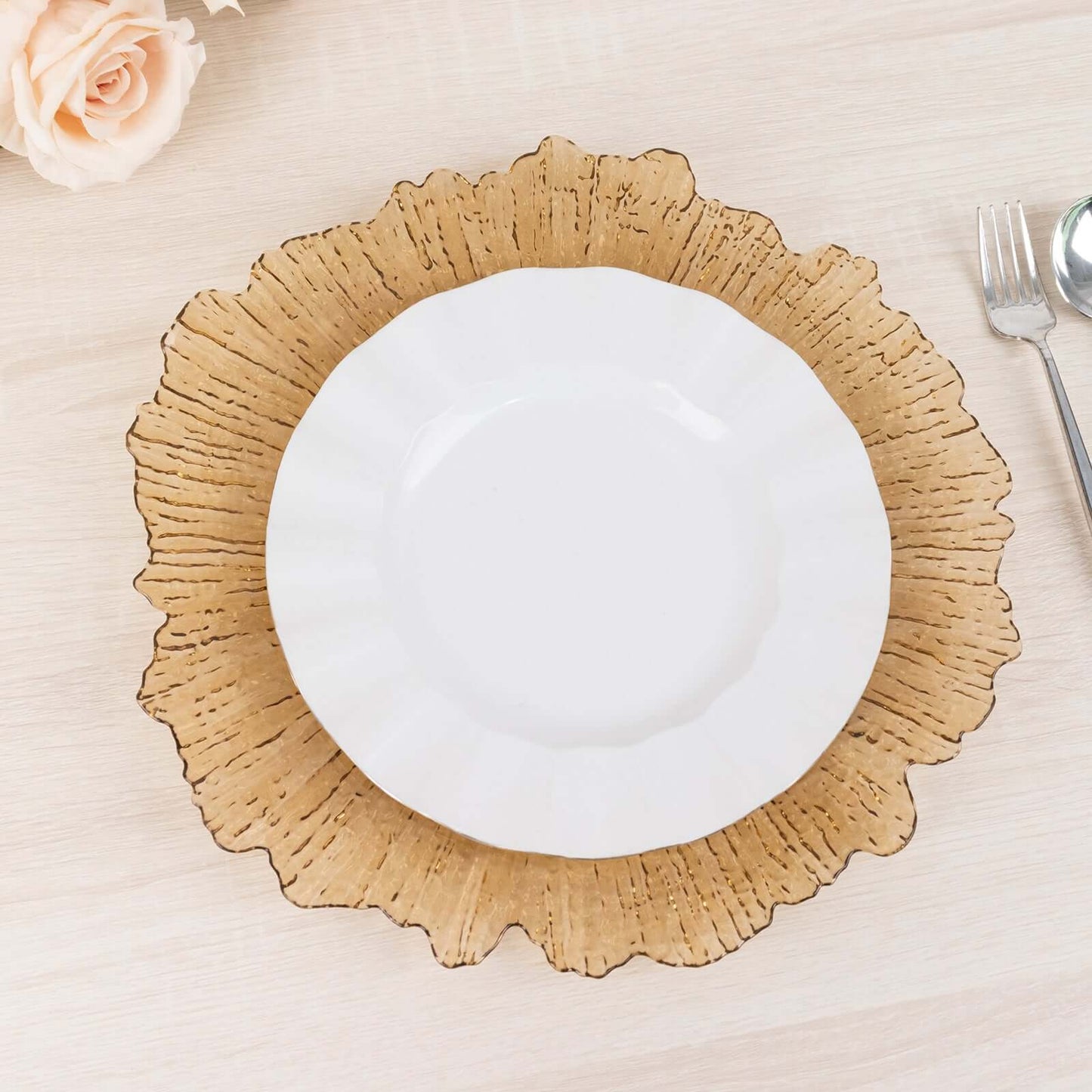 6-Pack Acrylic Plastic Round Charger Plates 13" in Amber Gold with Reef Design, Dinner Charger Tableware