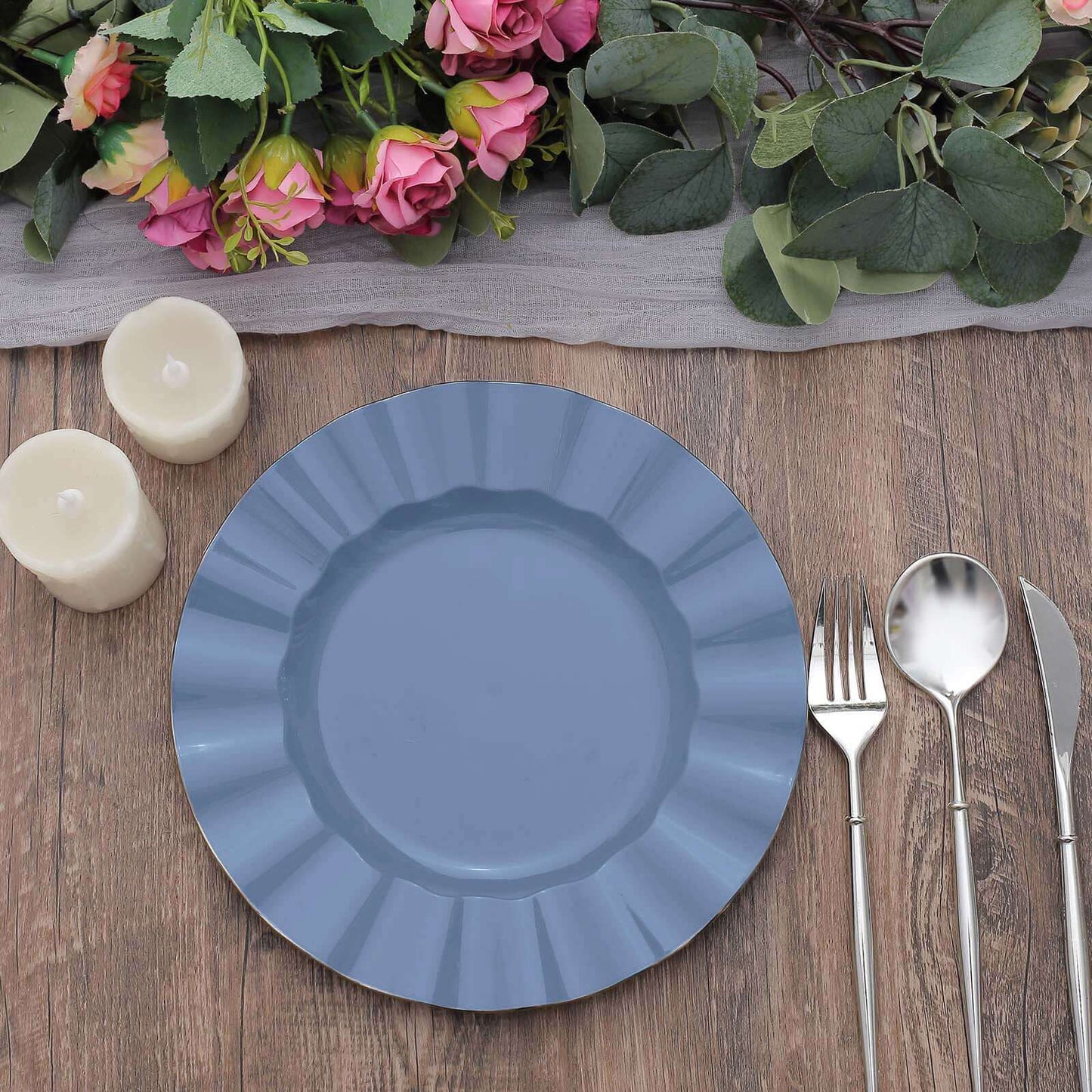 10-Pack Plastic 9" Round Dinner Plates in Ocean Blue Ruffled Rim with Gold Edging - Sturdy Disposable Dinnerware