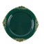 10-Pack Plastic 8" Round Dessert Plates in Hunter Emerald Green with Gold Leaf Embossed Rim - Disposable Vintage Baroque Style Salad Plates