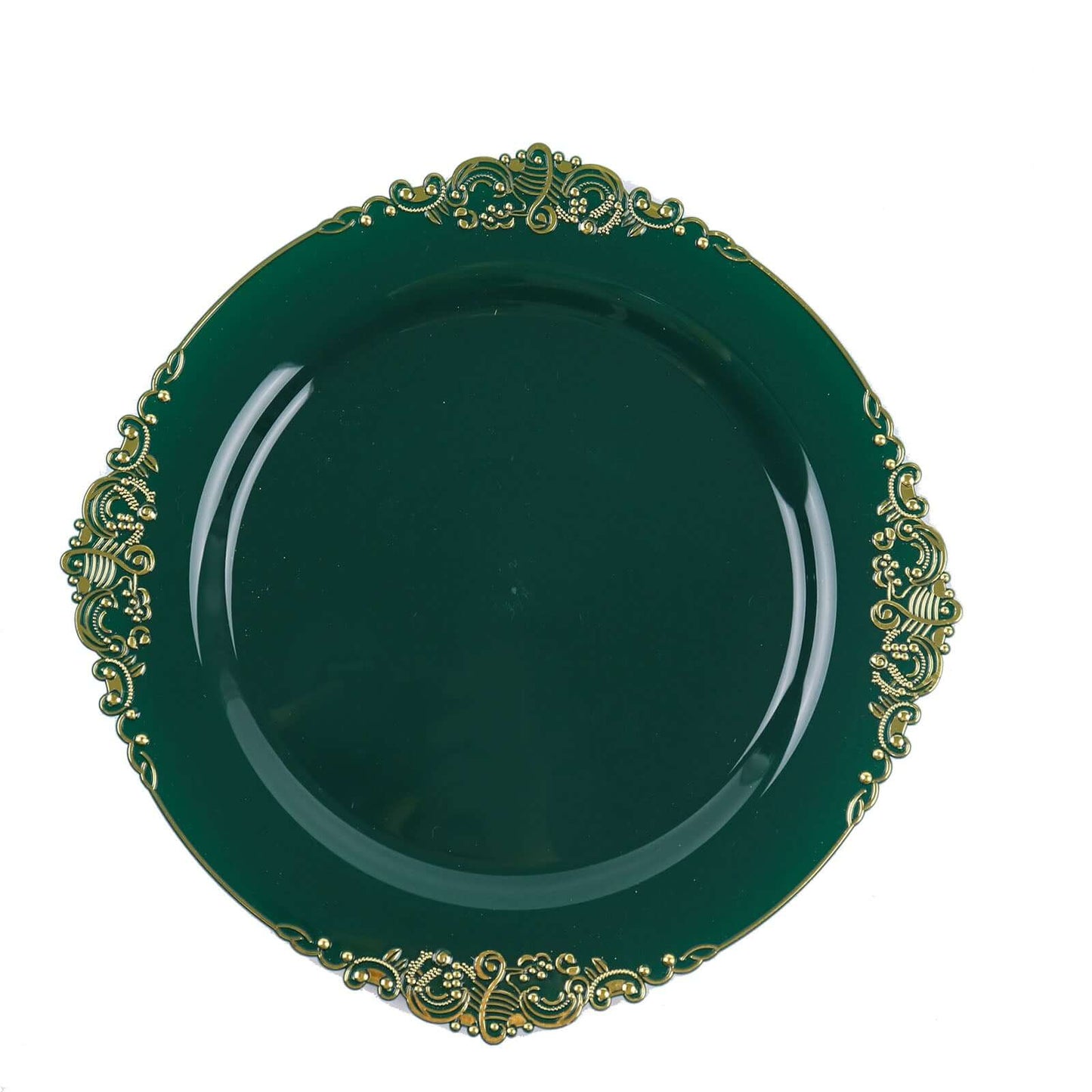 10-Pack Plastic 8" Round Dessert Plates in Hunter Emerald Green with Gold Leaf Embossed Rim - Disposable Vintage Baroque Style Salad Plates