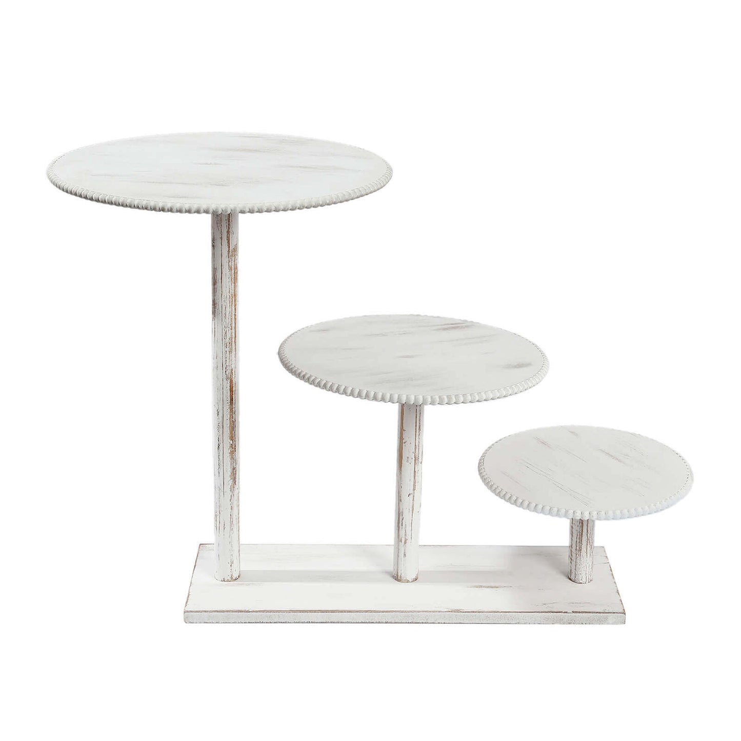 3-Tier Wooden Cake Stand Whitewash with Round Beaded Rim Trays - Rustic Cupcake Tower Dessert Display 24"x16"