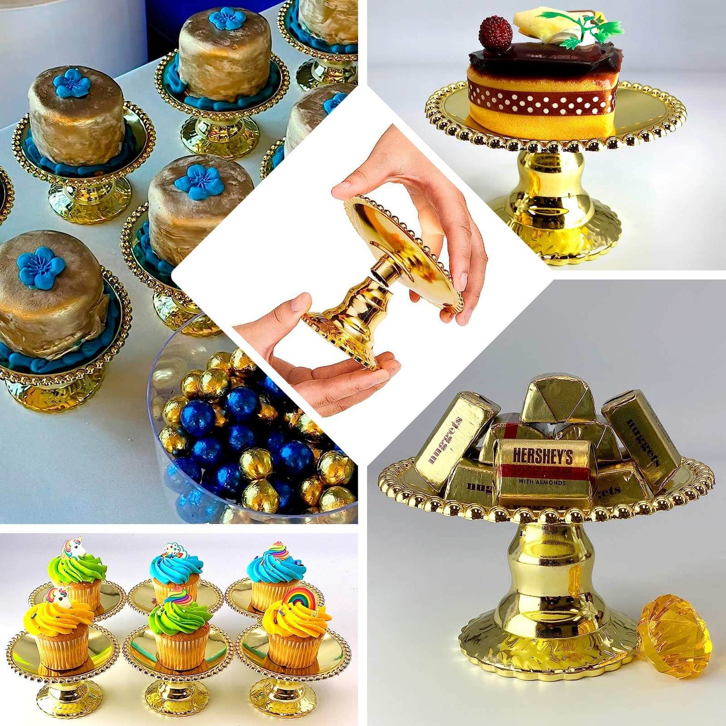 12-Pack Plastic Pedestal Cupcake Plates Mini Gold Mirror Finish Beaded Rim - Great for Displays 5"