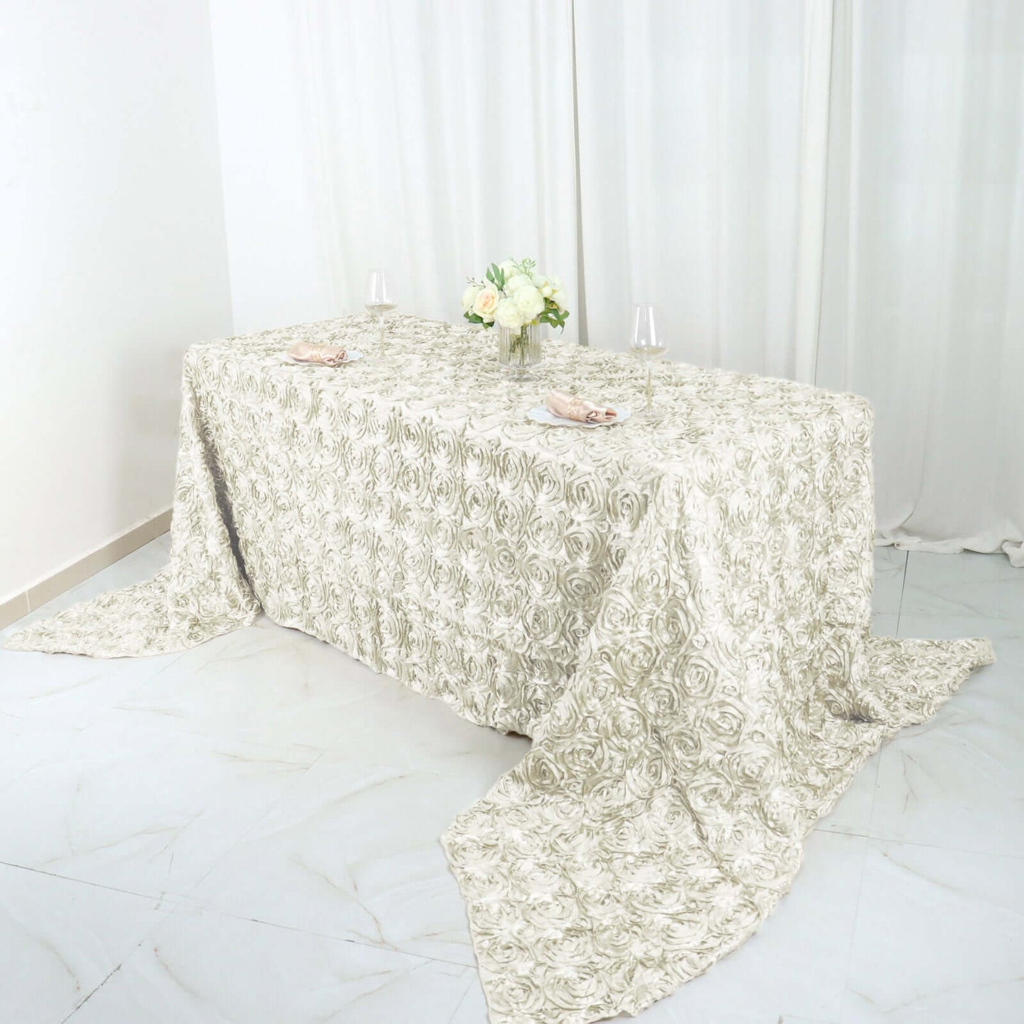Satin 90"x156" Rectangle Tablecloth Ivory - Grandiose 3D Rosette Table Cover with Seamless Finish