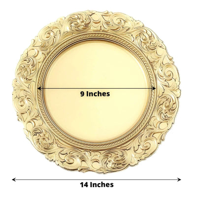 6-Pack Acrylic Round Charger Plates 14" in Gold with Engraved Baroque Rim, Vintage Disposable Decorative Chargers