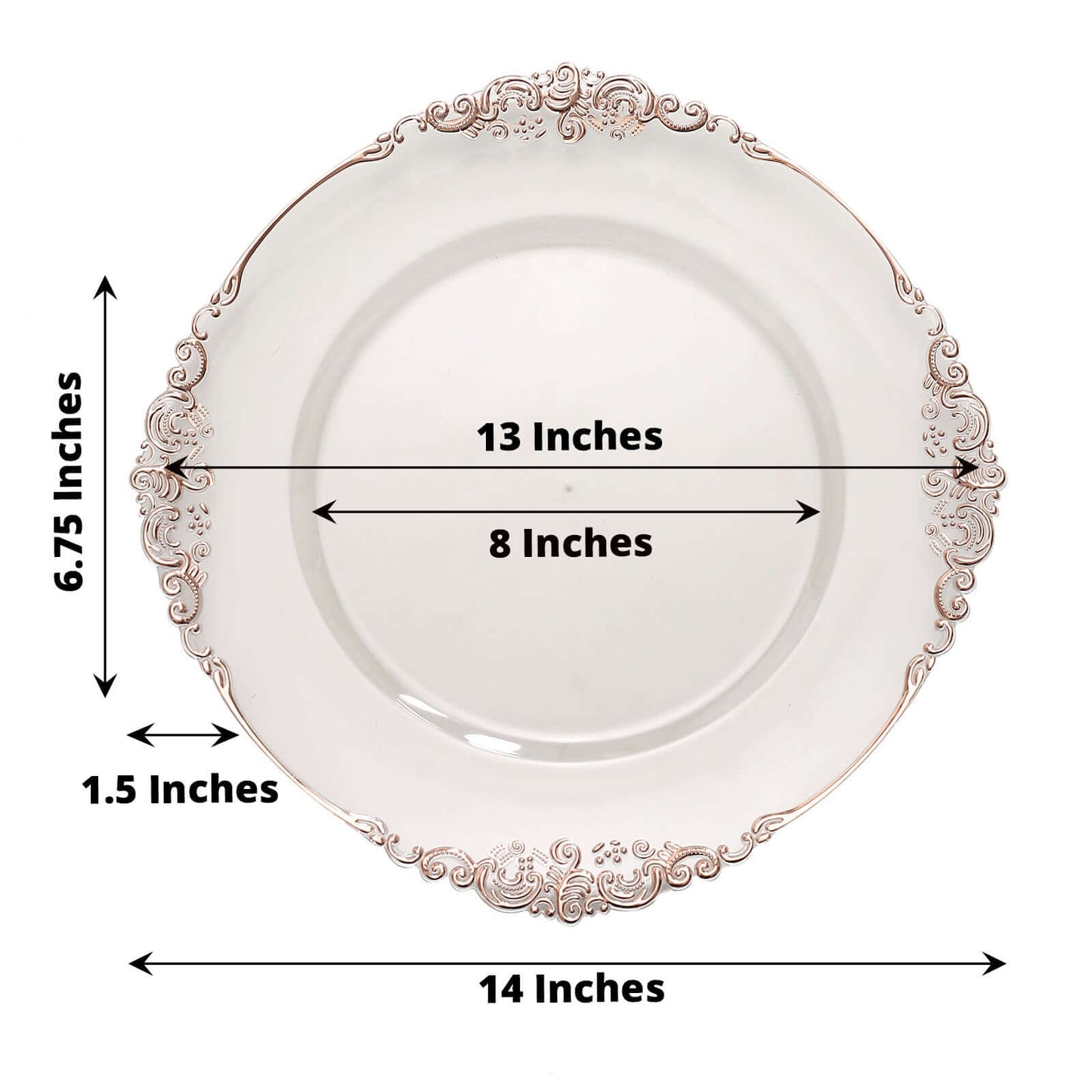 6-Pack Acrylic Round Charger Plates 13" in Clear with Rose Gold Embossed Baroque Rim, Antique Decorative Dinner Party Charger Tableware