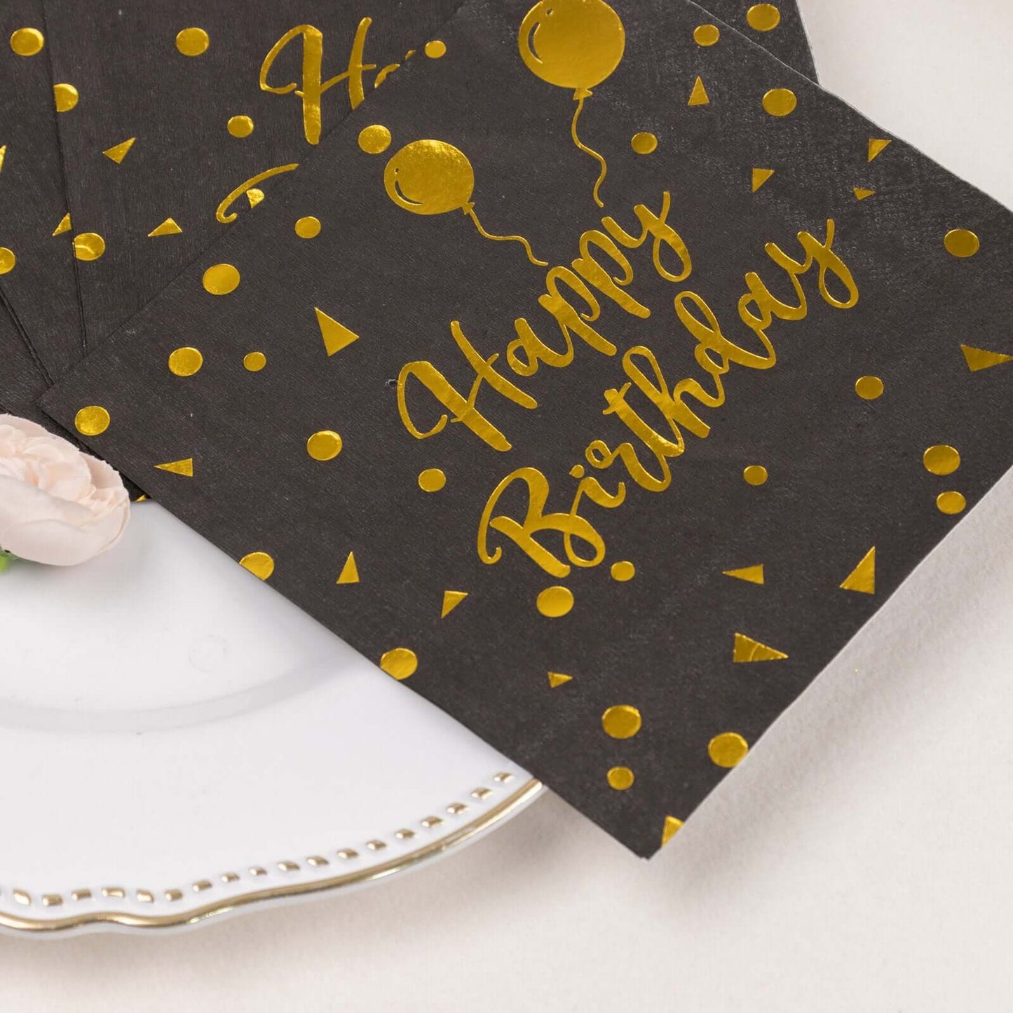 20-Pack Paper Beverage Napkins with Happy Birthday Foil Print Black/Gold - 2 Ply Disposable 18GSM Soft Party Napkins 6.5"x6.5"