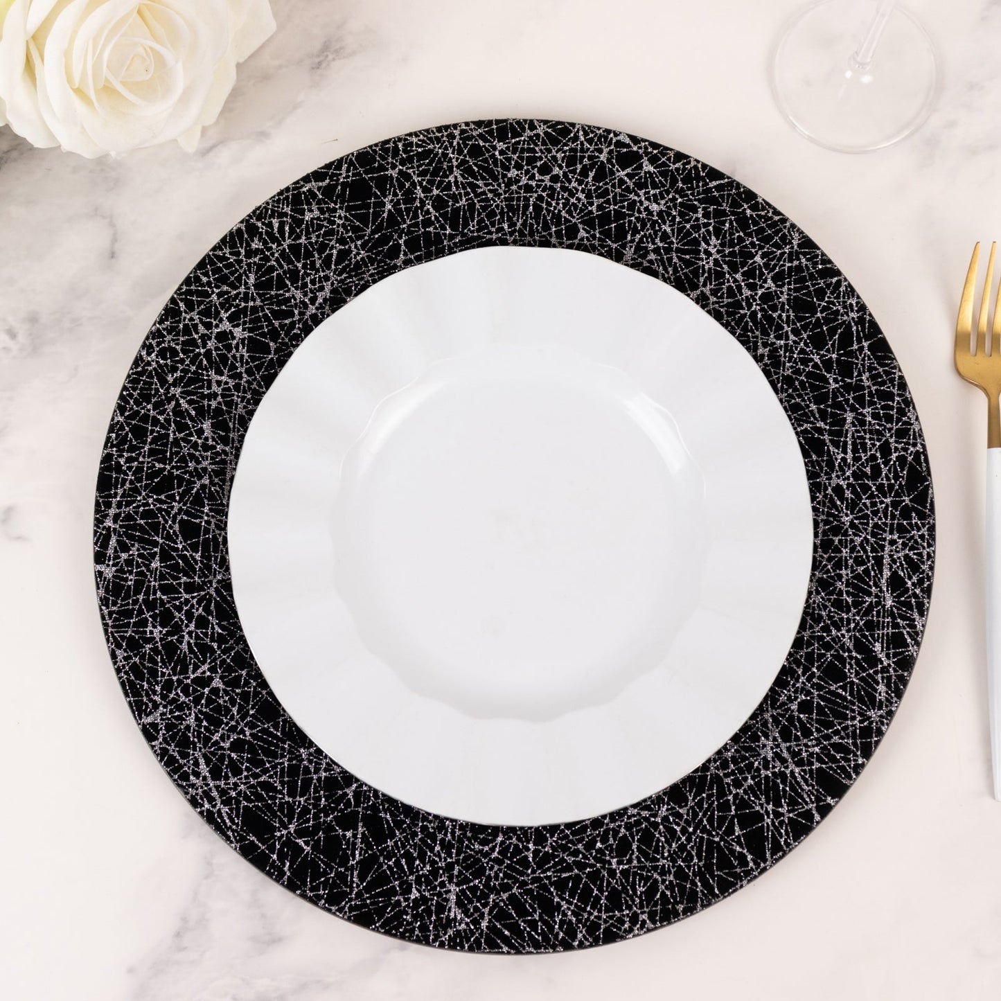 6-Pack Acrylic Round Charger Plates 13" in Black with Silver Glitter Abstract Lines Pattern, Decorative Dinner Party Charger Tableware