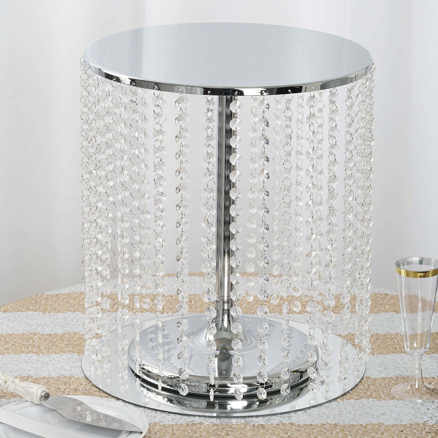 Metal Cake Stand Round Design Metallic Silver with Crystal Chains 14" Dia - Cupcake Dessert Pedestal 16"Tall