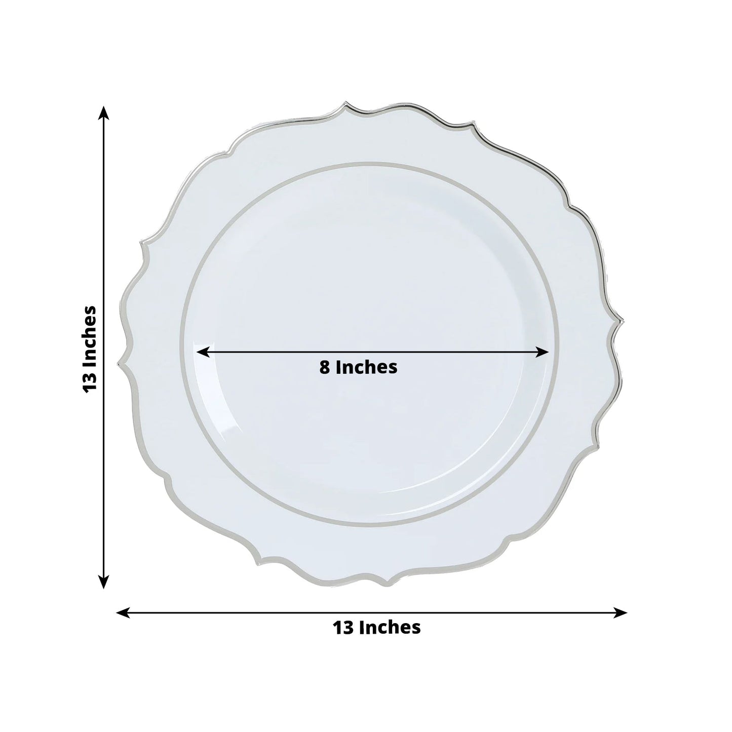 10-Pack Economy Plastic Round Charger Plates 13" in White with Silver Scalloped Rim, Decorative Dinner Party Serving Plates