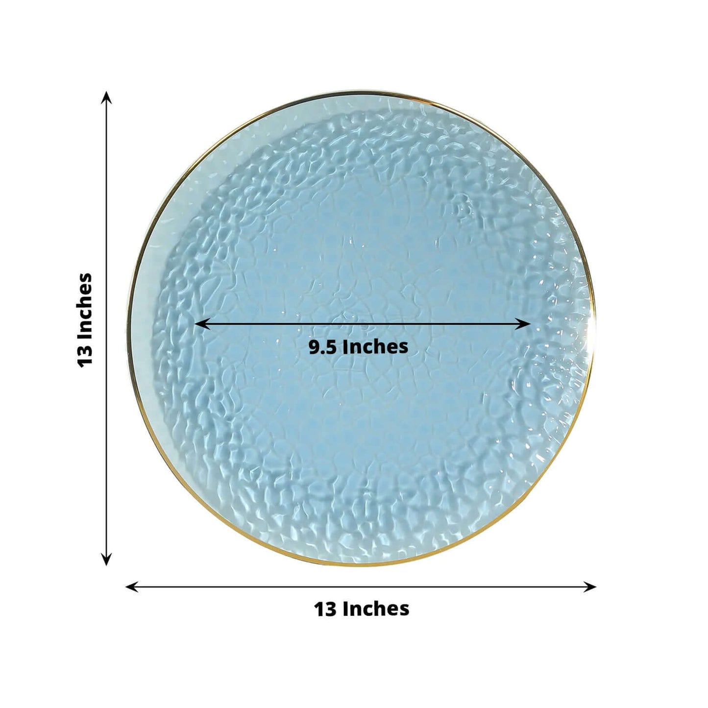 10 Pack Economy Plastic Round Charger Plates 13" in Transparent Dusty Blue Hammered Design with Gold Rim, Decorative Dinner Party Serving Plates