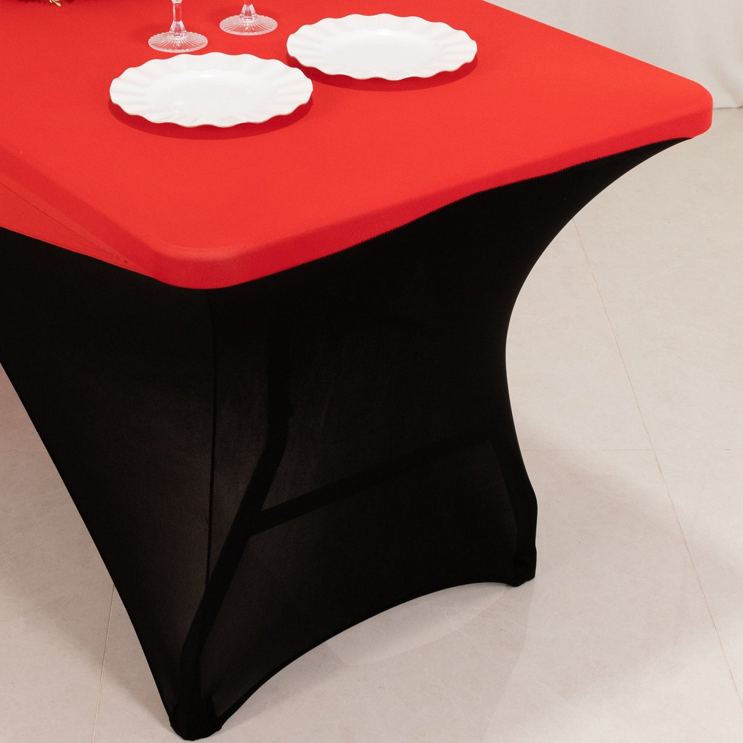 Stretch Spandex 72"x30" Rectangle Table Cover Red/Black Cross Over Design - Two-Piece Fitted Tablecloth with Elastic Foot Pockets
