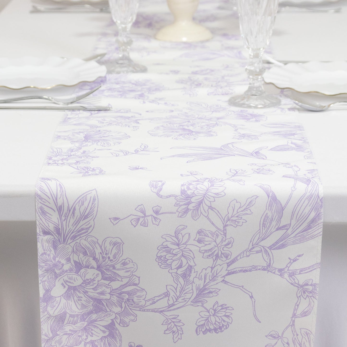 Polyester Table Runner 12"x108" White with Lavender Lilac French Toile Floral Print - Stylish Reusable Table DÃ©cor