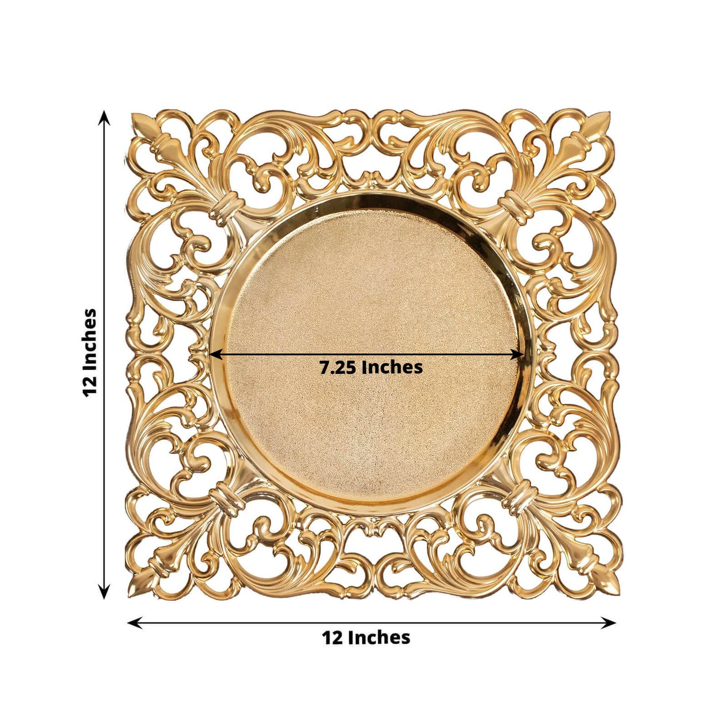 6-Pack Acrylic Square Charger Plates 12" in Gold with Hollow Lace Border, Event Tabletop Decorative Charger Tableware