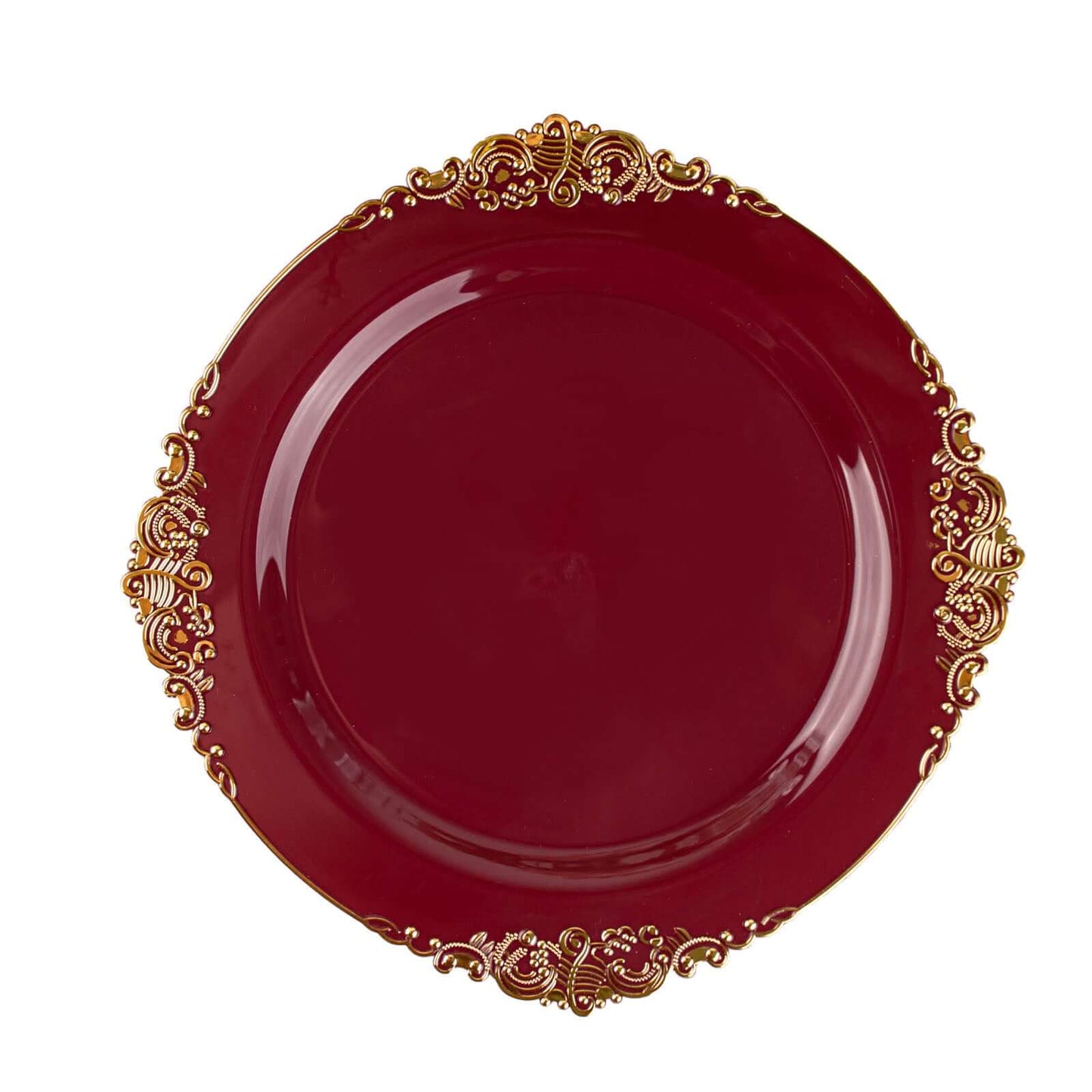 10-Pack Plastic 8" Round Dessert Plates in Burgundy with Gold Leaf Embossed Rim for Gatherings & Events