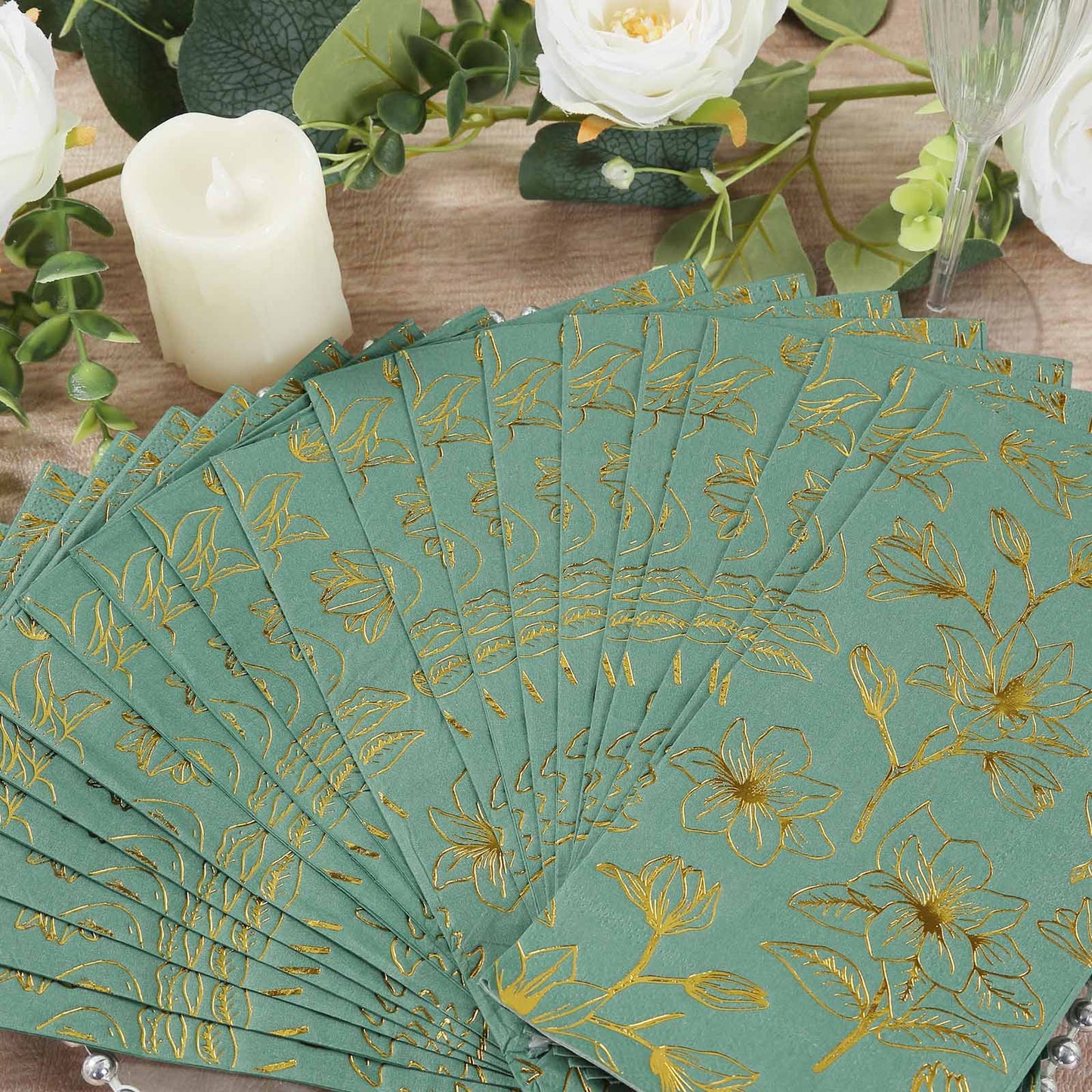 50-Pack Paper Dinner Napkins Dusty Sage Green with Gold Magnolia Flowers Print 2-Ply - Disposable Soft Napkins for Parties