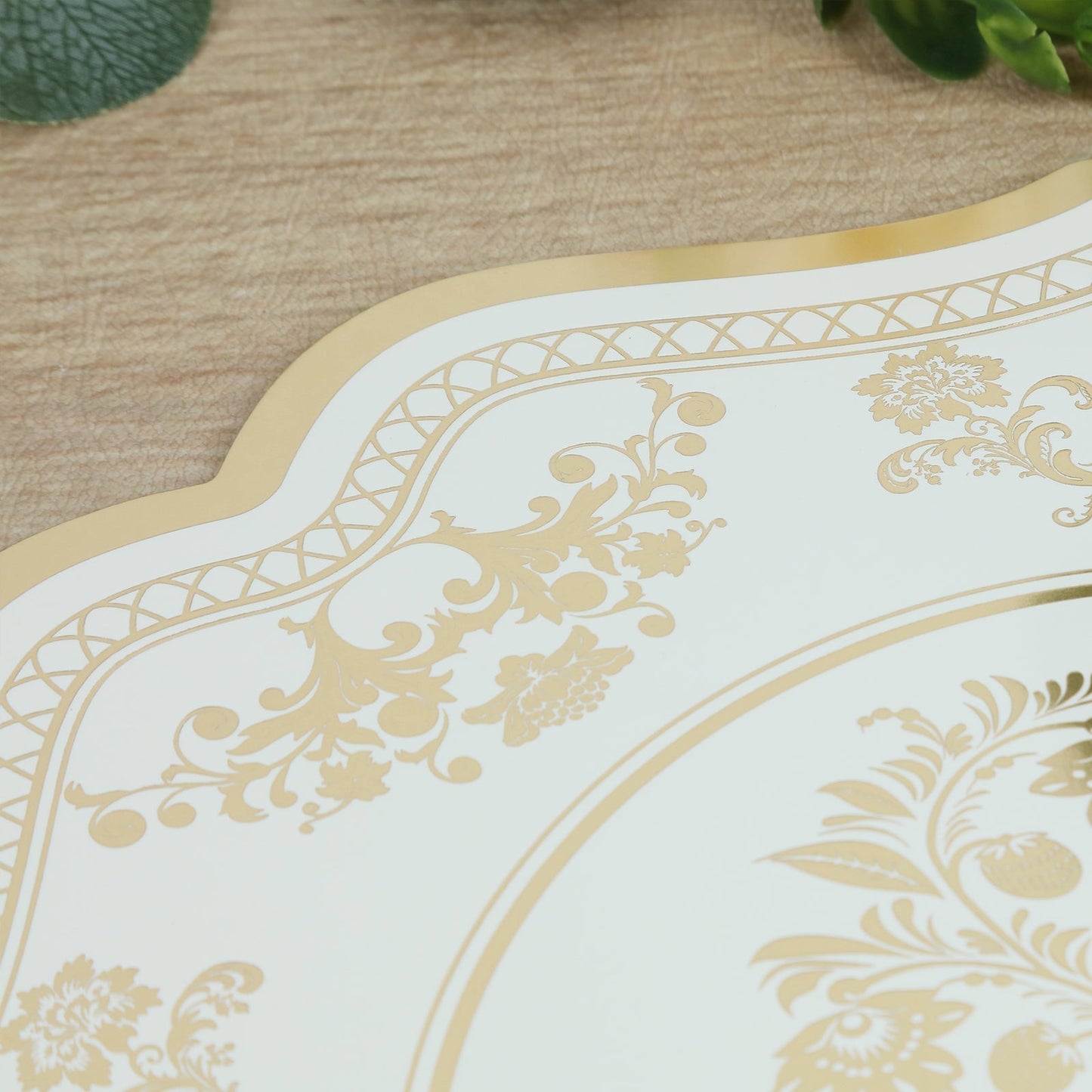10 Pack Cardboard Paper Table Mats with White Gold Damask Floral Pattern, 13" Round Disposable Placemats with Scalloped Rim - 400 GSM