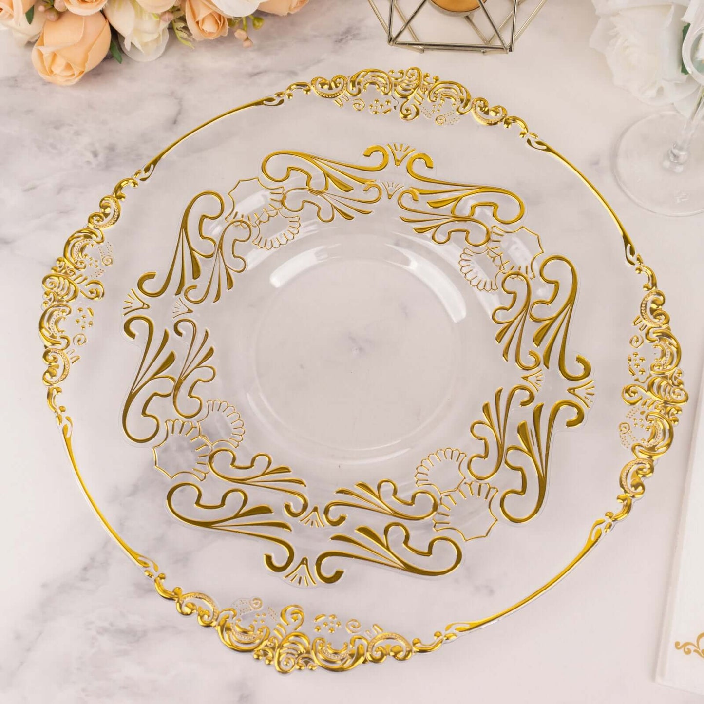 10-Pack Plastic 8" Round Dessert Plates in Clear with Gold Vintage Baroque Scalloped Rim - European Style Disposable Salad Appetizer Plates