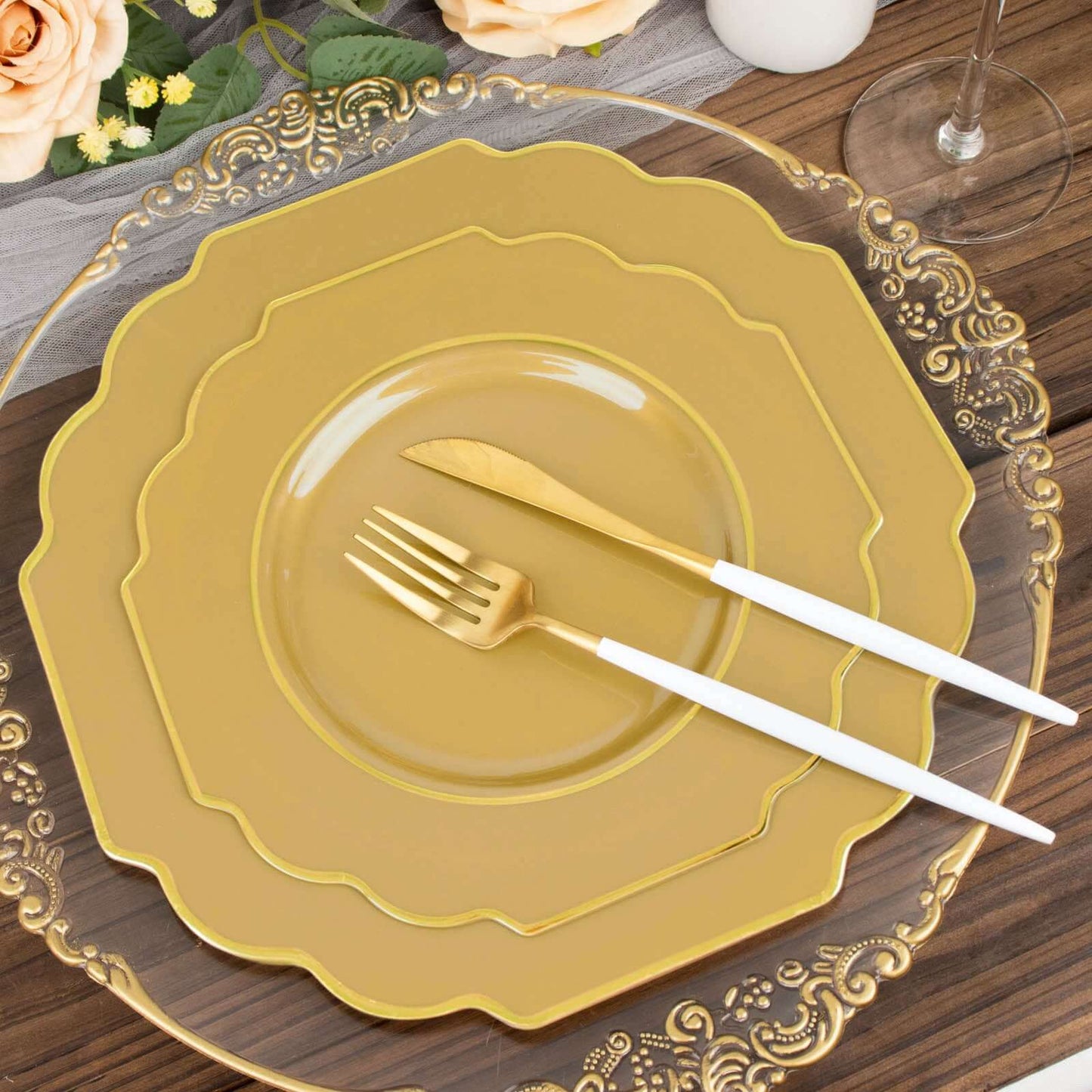 10-Pack Plastic Dessert Appetizer Plates in Gold Baroque Design with Scalloped Gold Rim - Heavy Duty Disposable Salad Plates 8"