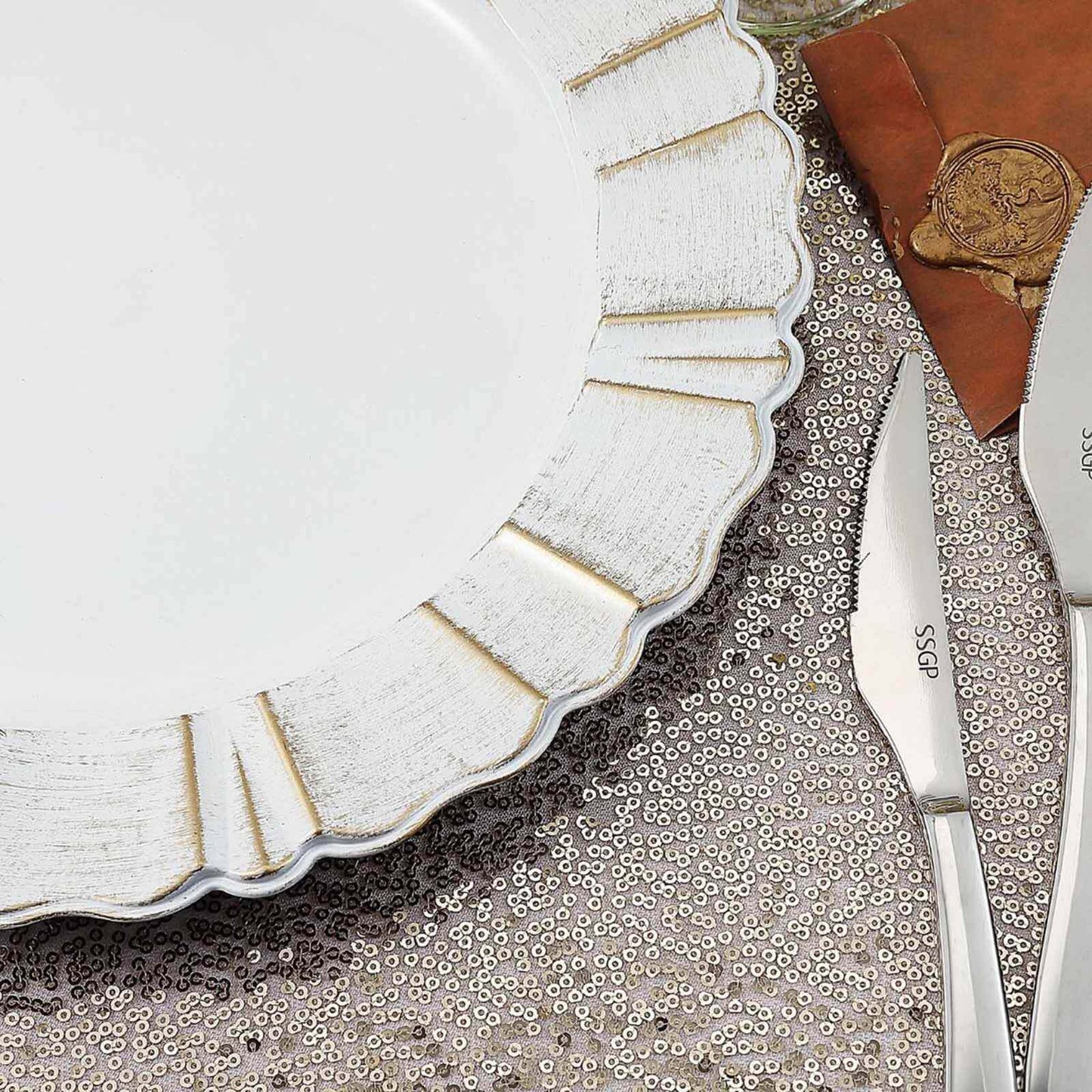 6-Pack Acrylic Plastic Round Charger Plates 13" in White with Gold Brushed Wavy Scalloped Rim, Decorative Dinner Party Charger Tableware