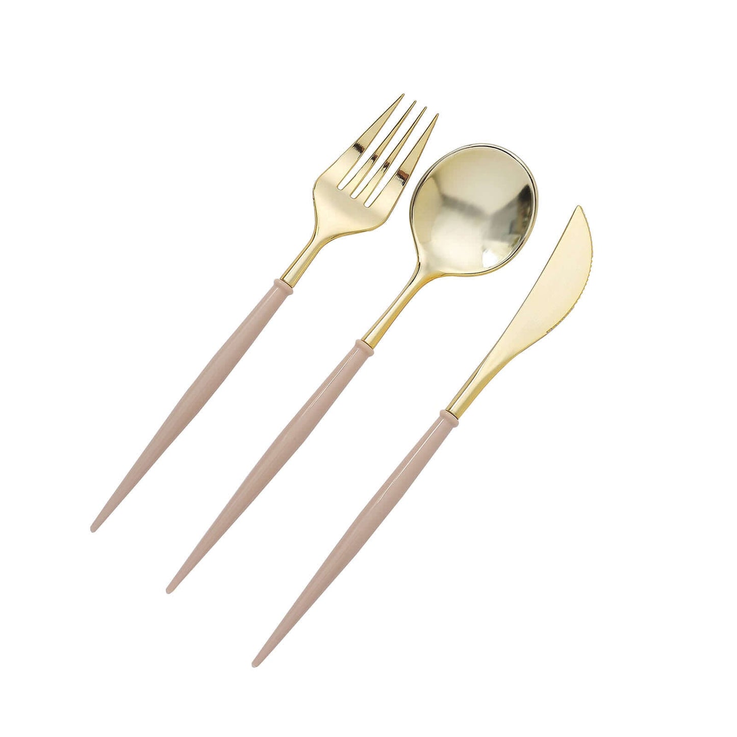 24-Pack Plastic Flatware Set in Metallic Gold with Beige Handle - Heavy Duty Disposable Modern Silverware 8"