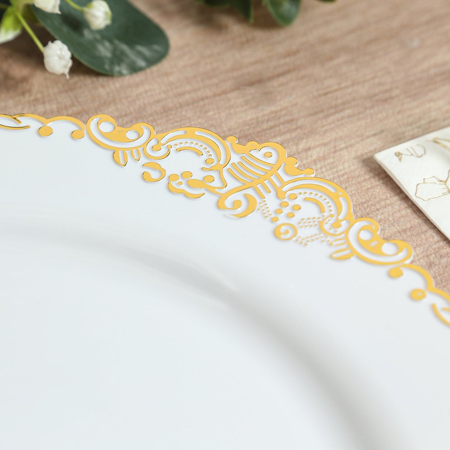 20-Pack Economy Plastic Round Charger Plates 13" in White with Gold Embossed Baroque Rim, Stylish Dinner Party Serving Plates