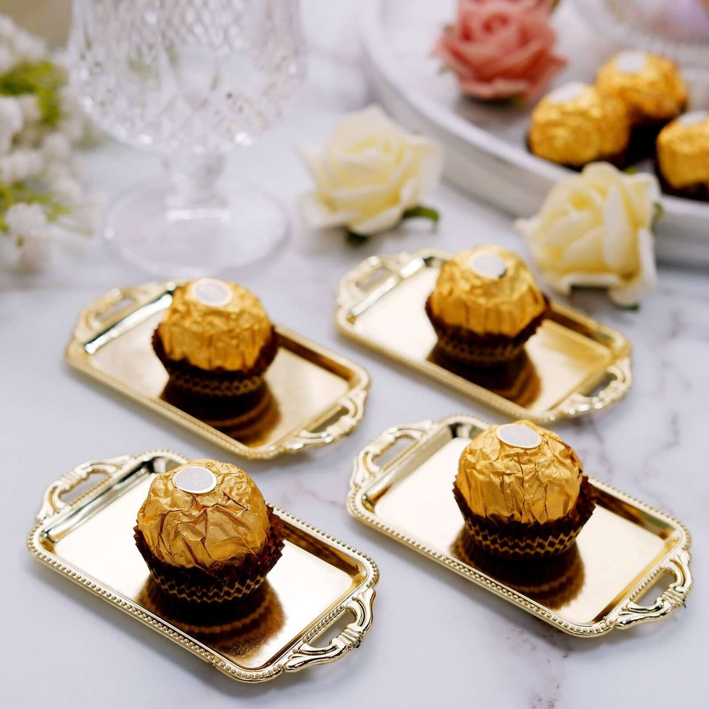 12-Pack Display Trays Party Favor Rectangular Design Gold - Mini Serving Platters for Candy and Desserts 4"