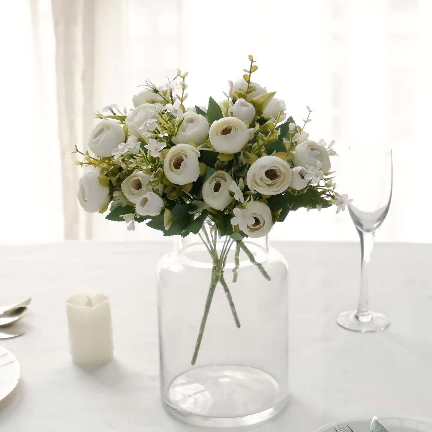 4 Pack 12" Artificial Ivory Ranunculus Silk Flower Bridal Bouquets, Faux Buttercup Floral Arrangement