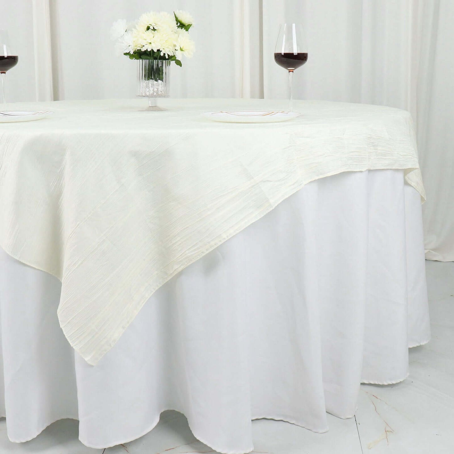 Taffeta 72"x72" Table Overlay Square Tablecloth Ivory - Accordion Crinkle Table Cover