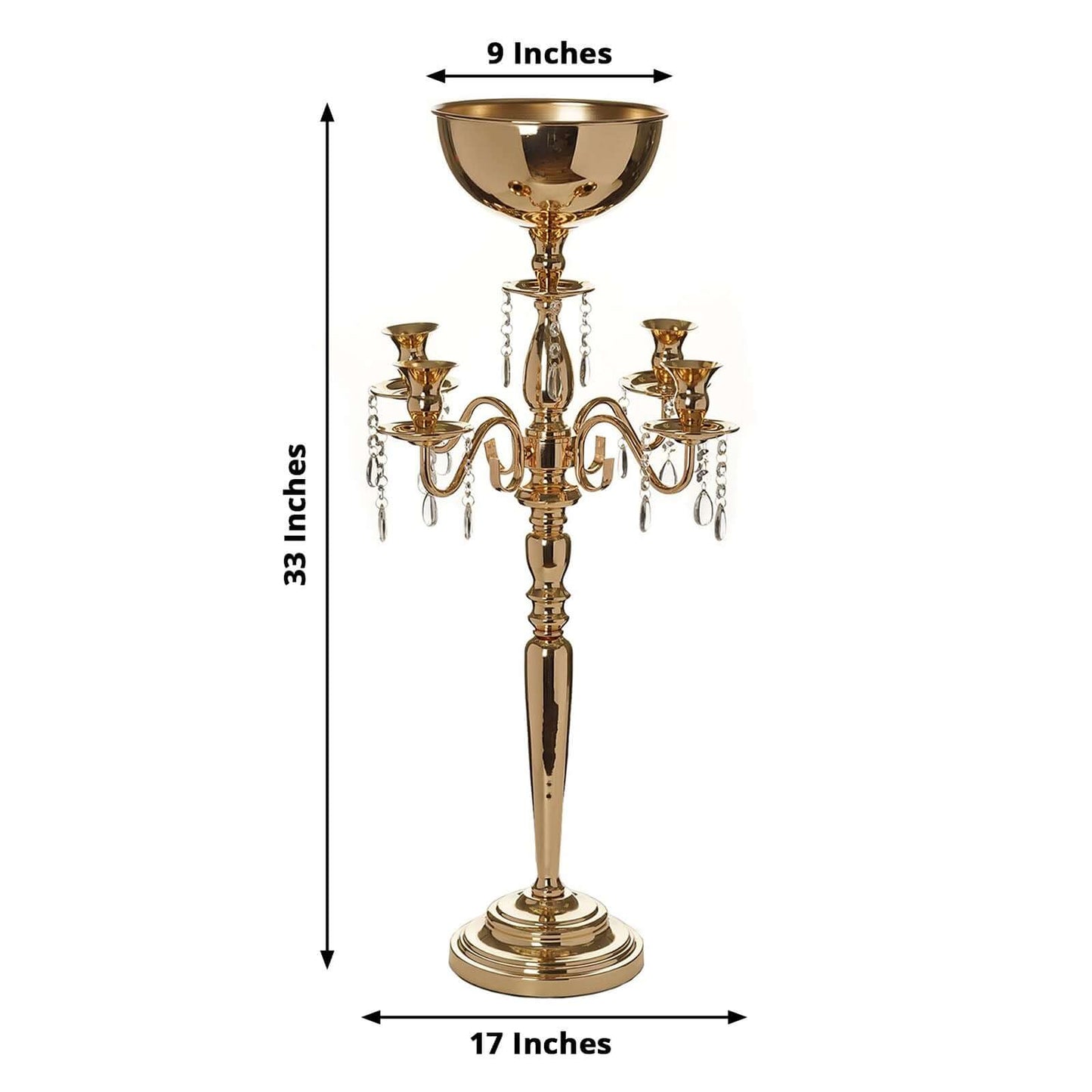 Metal Candelabra 4 Arm Design Gold with Flower Vase Bowl - Table Centerpiece for Weddings 33"