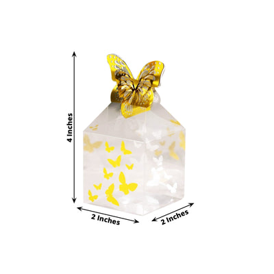 25 Pack Clear Transparent Square Party Favor Boxes with Gold Butterfly Top, Clear Candy Treat Gift Boxes - 2"x2"x4"