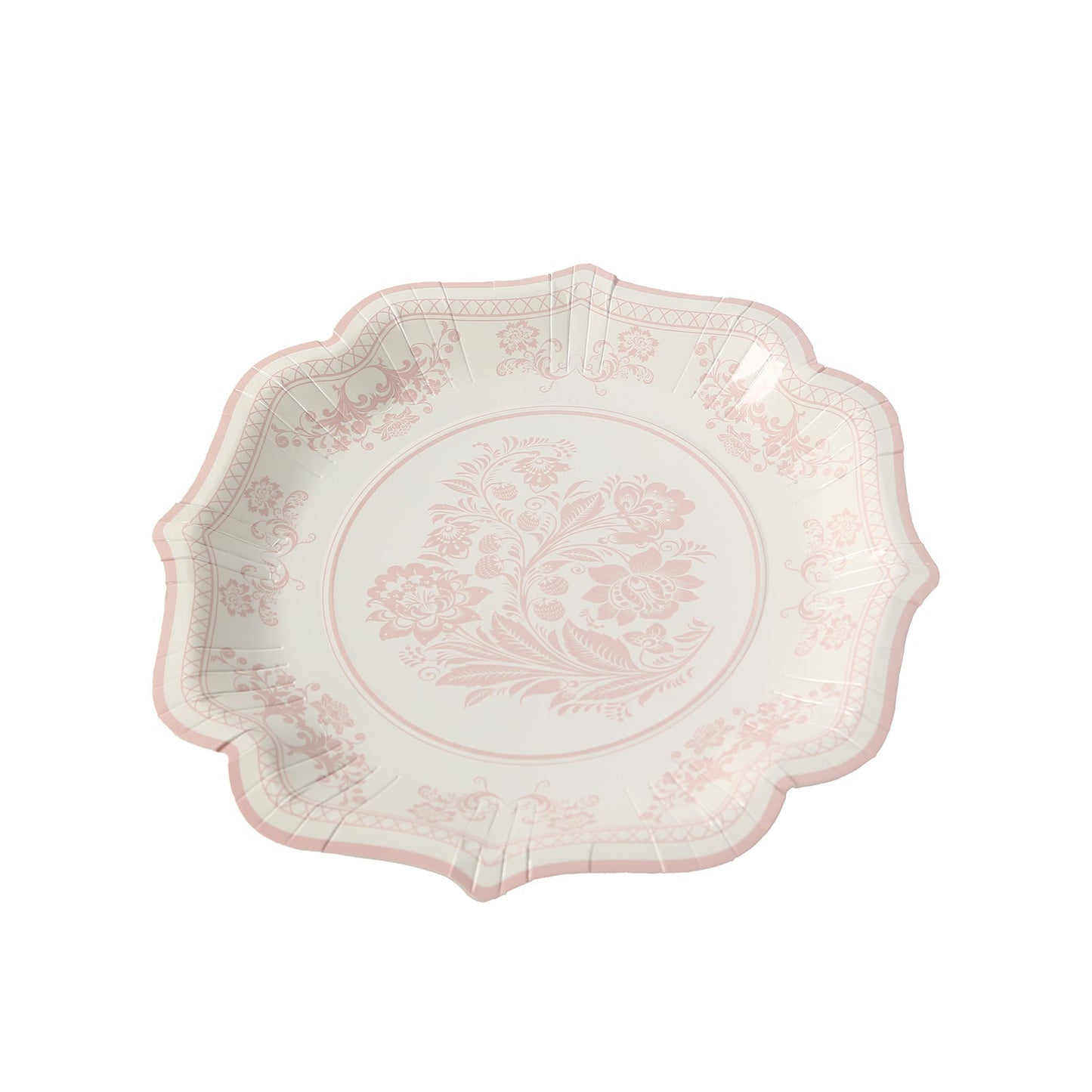 25-Pack Paper Dinner Plates in White Pink Damask Floral Pattern & Scallop Rim - Stylish Disposable 300GSM Floral Party Plates 10"