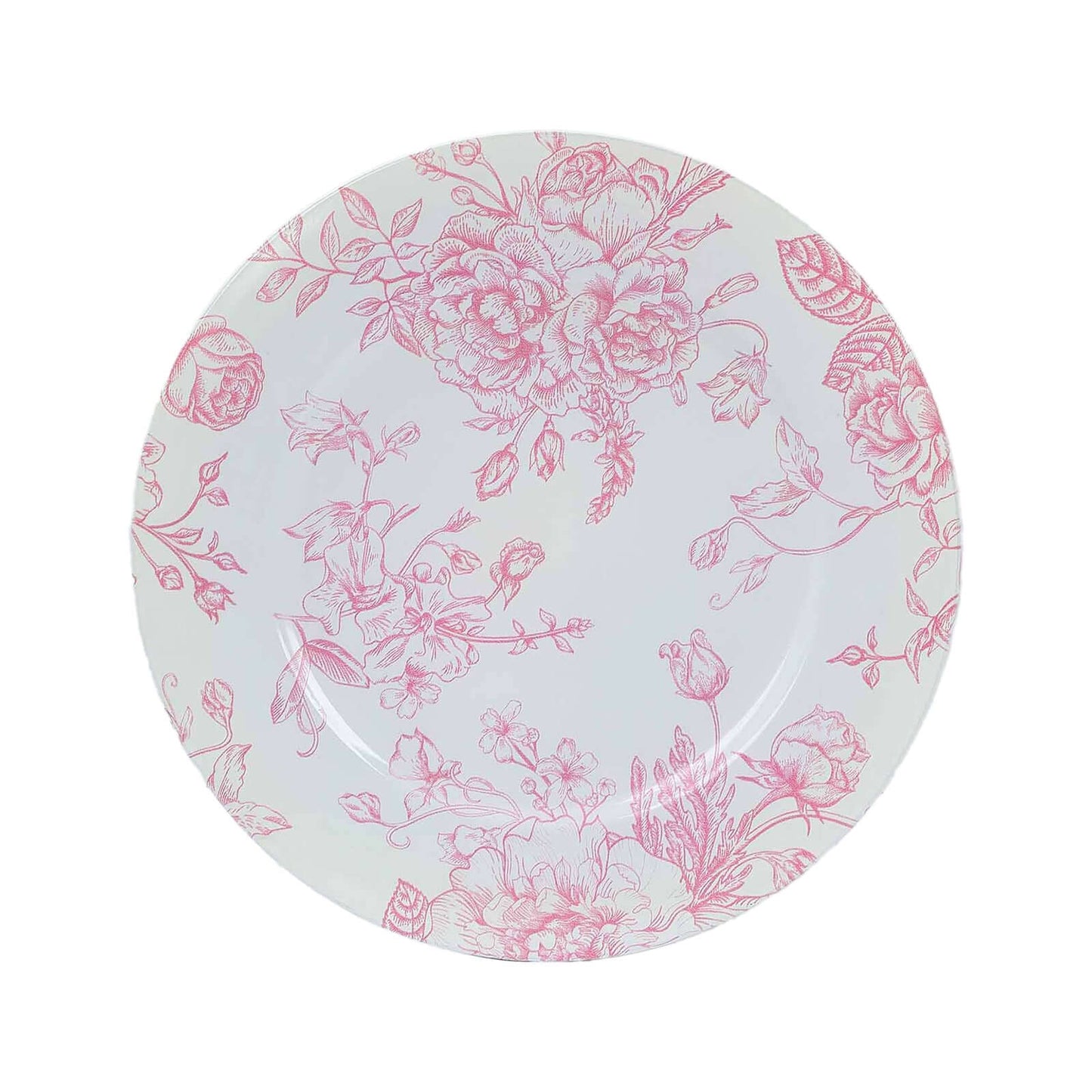 6-Pack Acrylic Round Charger Plates 13" in White with Pink Floral French Toile Pattern, Decorative Dinner Party Charger Tableware