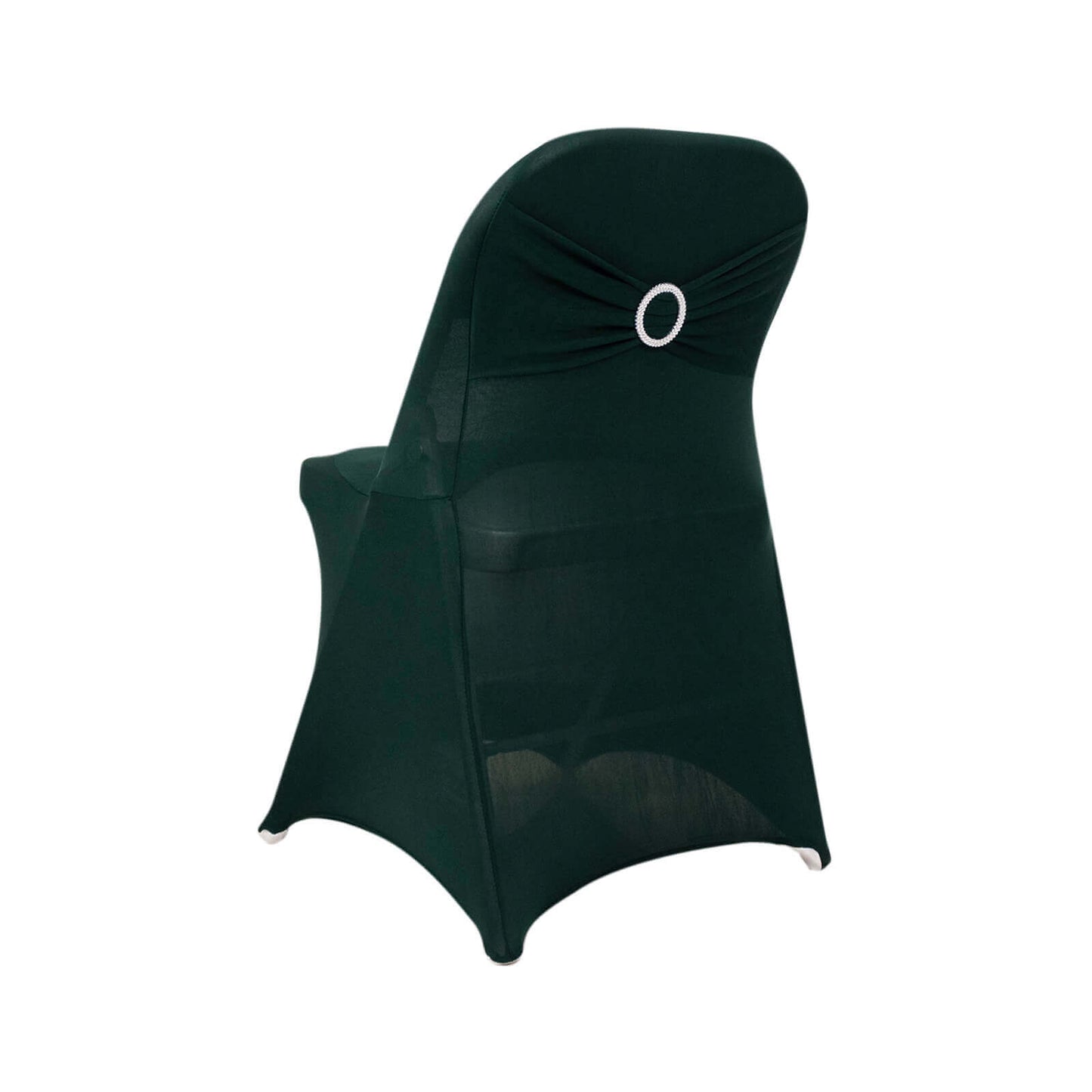 Stretch Spandex Chair Cover Hunter Emerald Green for Folding Chairs - Secure Fit Slipcover with Silver Rhinestone Buckled Sash Band