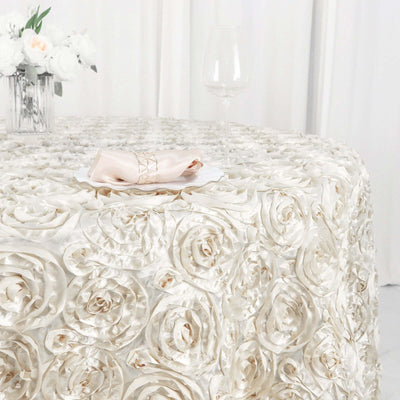 Satin 120" Round Tablecloth Ivory - Grandiose 3D Rosette with Seamless Finish Table Cover