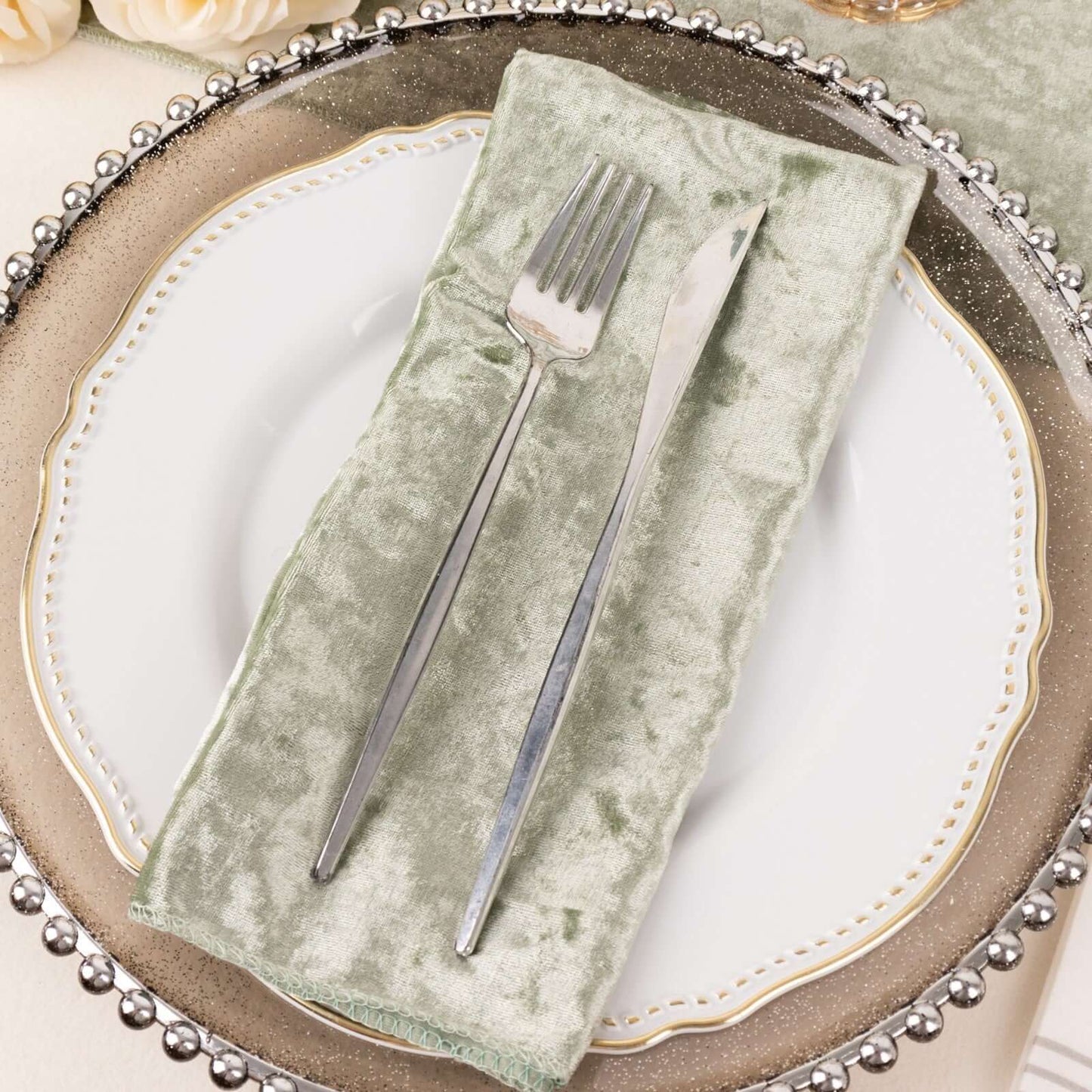 5 Pack Premium Crushed Velvet 20"x20" Napkins Sage Green - Rich & Textured Finish Dinner Napkins