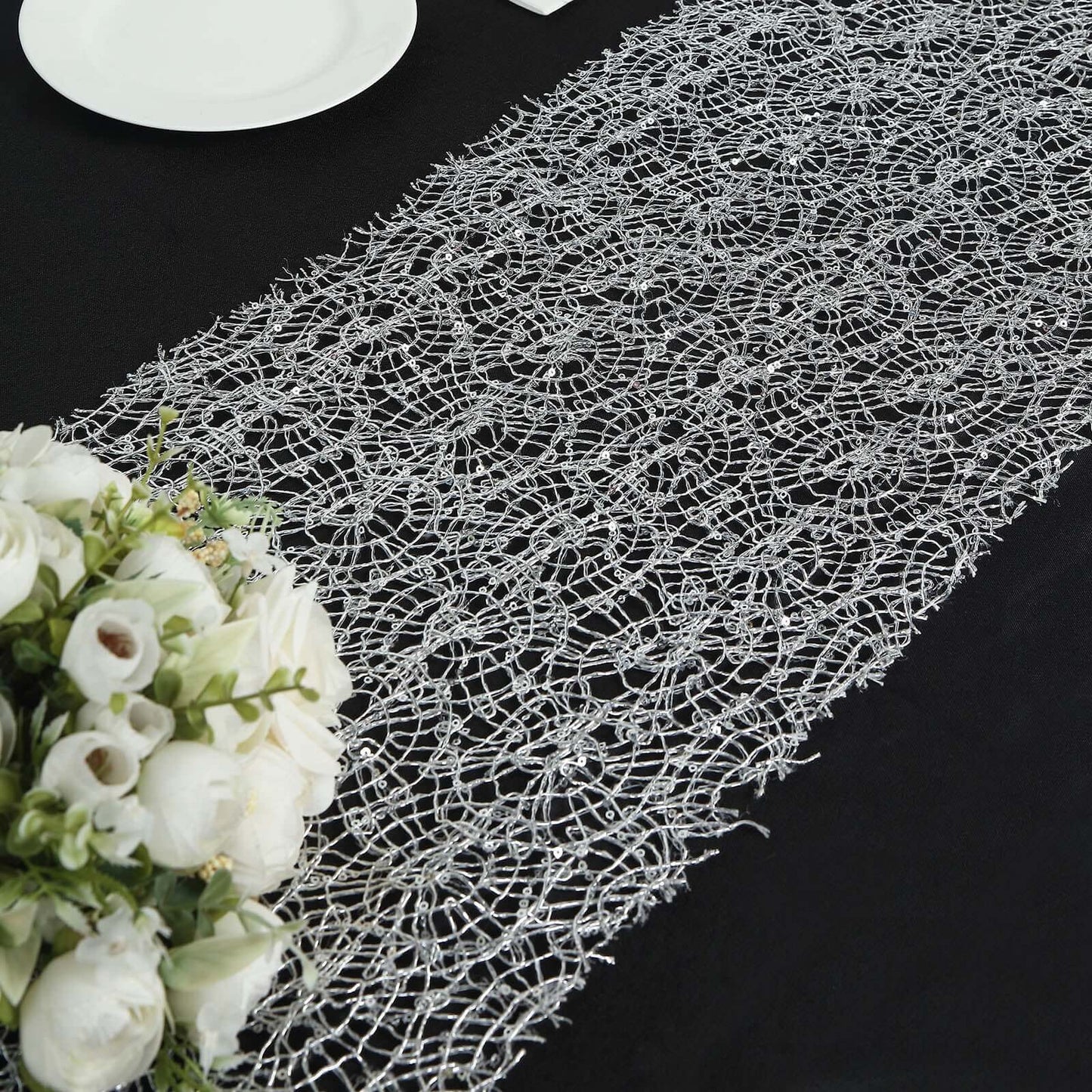 Mesh 12"x108" Table Runner Silver - Sequin Schiffli Lace Design for Stylish Celebrations