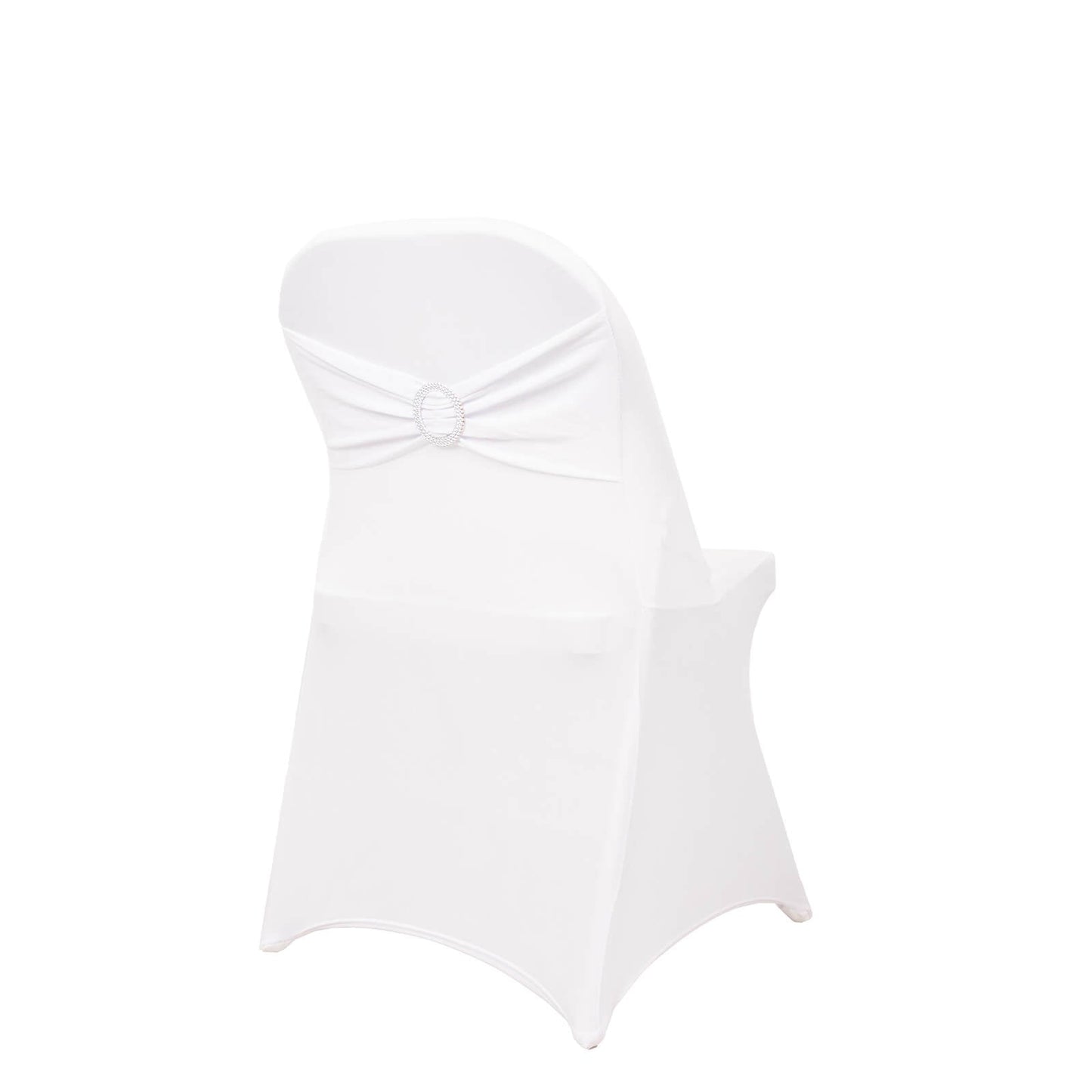 Stretch Spandex Chair Cover White for Folding Chairs - Enhanced Style & Secure Fit Slipcover with Stunning Silver Rhinestone Buckled Sash Band