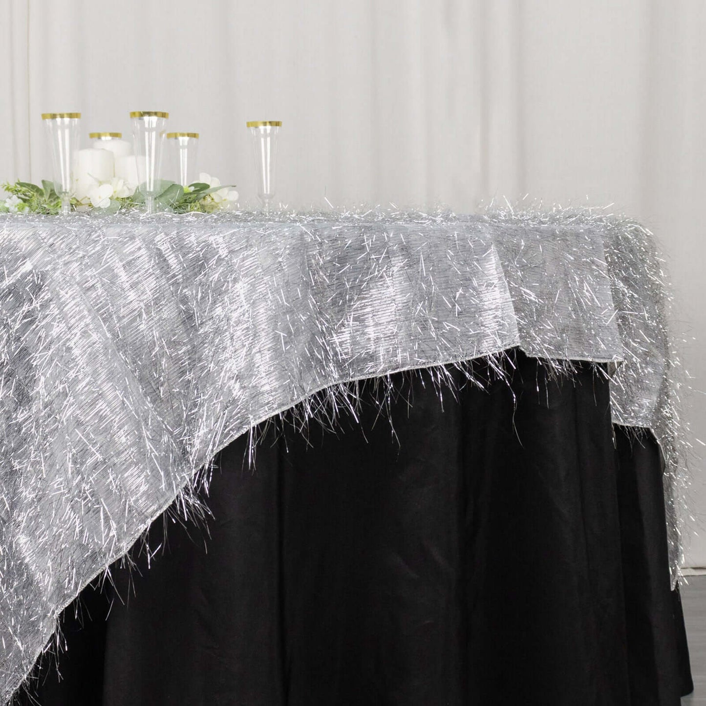 Polyester 72"x72" Table Overlay Square Tablecloth Silver - Metallic Fringe Shag Tinsel Table Cover