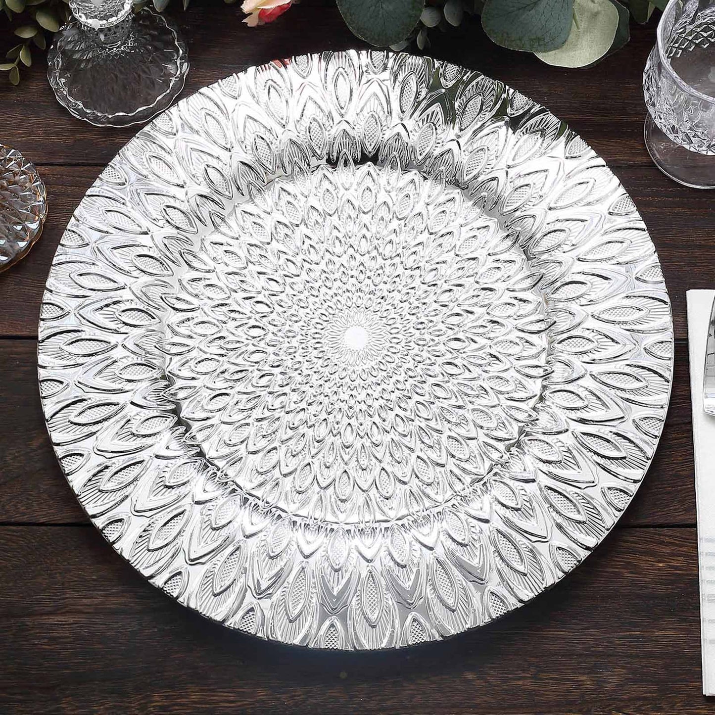 6-Pack Plastic Round Charger Plates 13" in Silver with Embossed Peacock Pattern, Stylish Disposable Charger Tableware