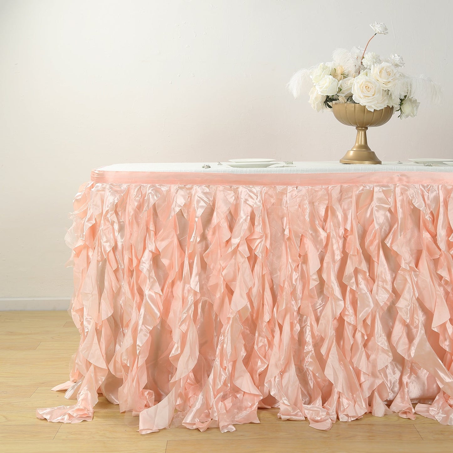 Taffeta 17ft Table Skirt Blush - Cascading Curly Willow Style Table Cover